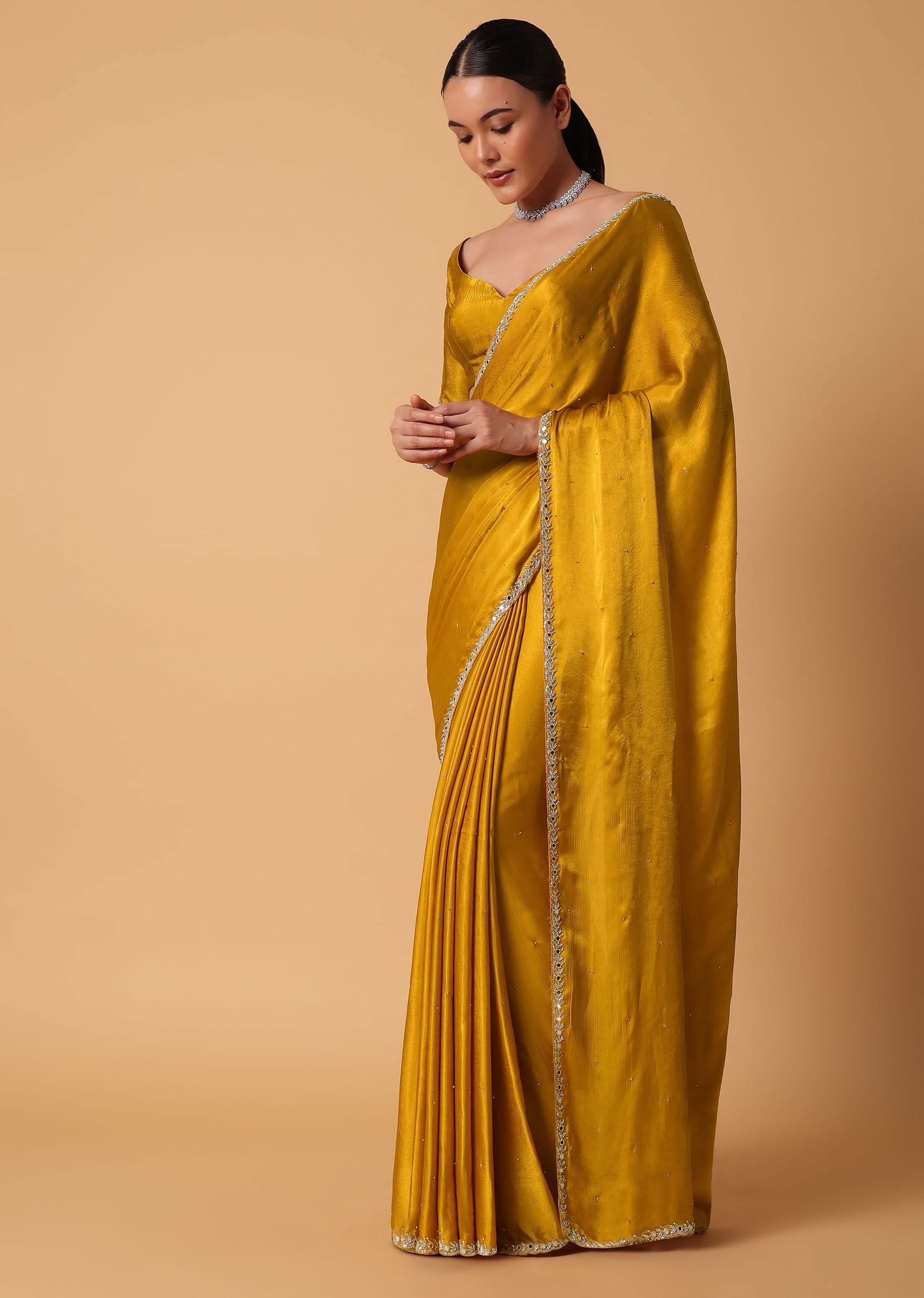 Mustard Satin Chinnon Saree With Mirror Detail Border And Unstitched Blouse Piece - Image 3