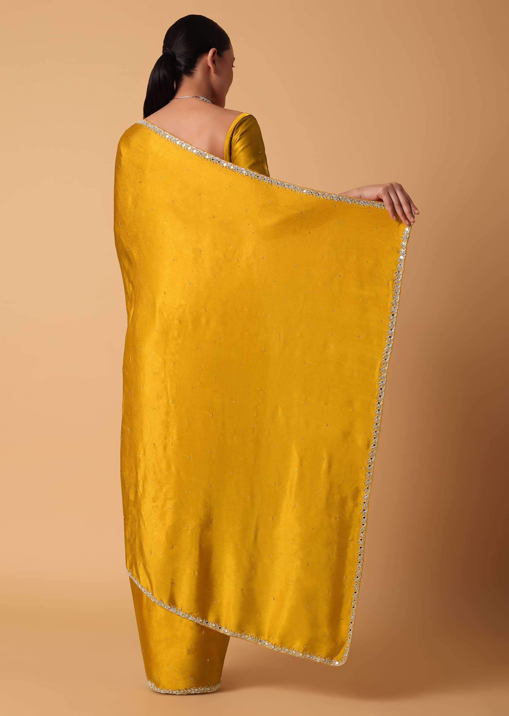 Mustard Satin Chinnon Saree With Mirror Detail Border And Unstitched Blouse Piece - Image 4
