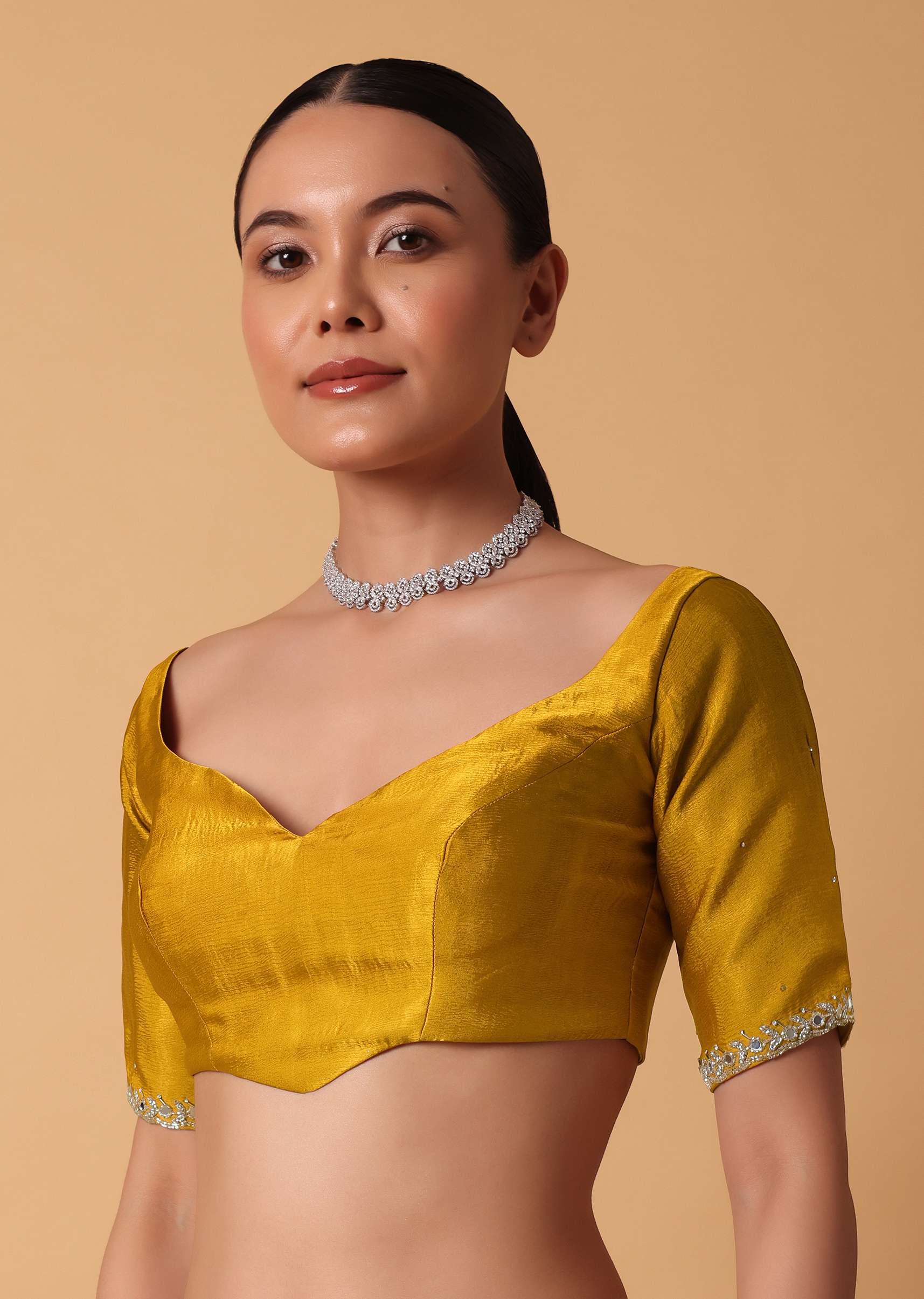 Mustard Satin Chinnon Saree With Mirror Detail Border And Unstitched Blouse Piece - Image 7