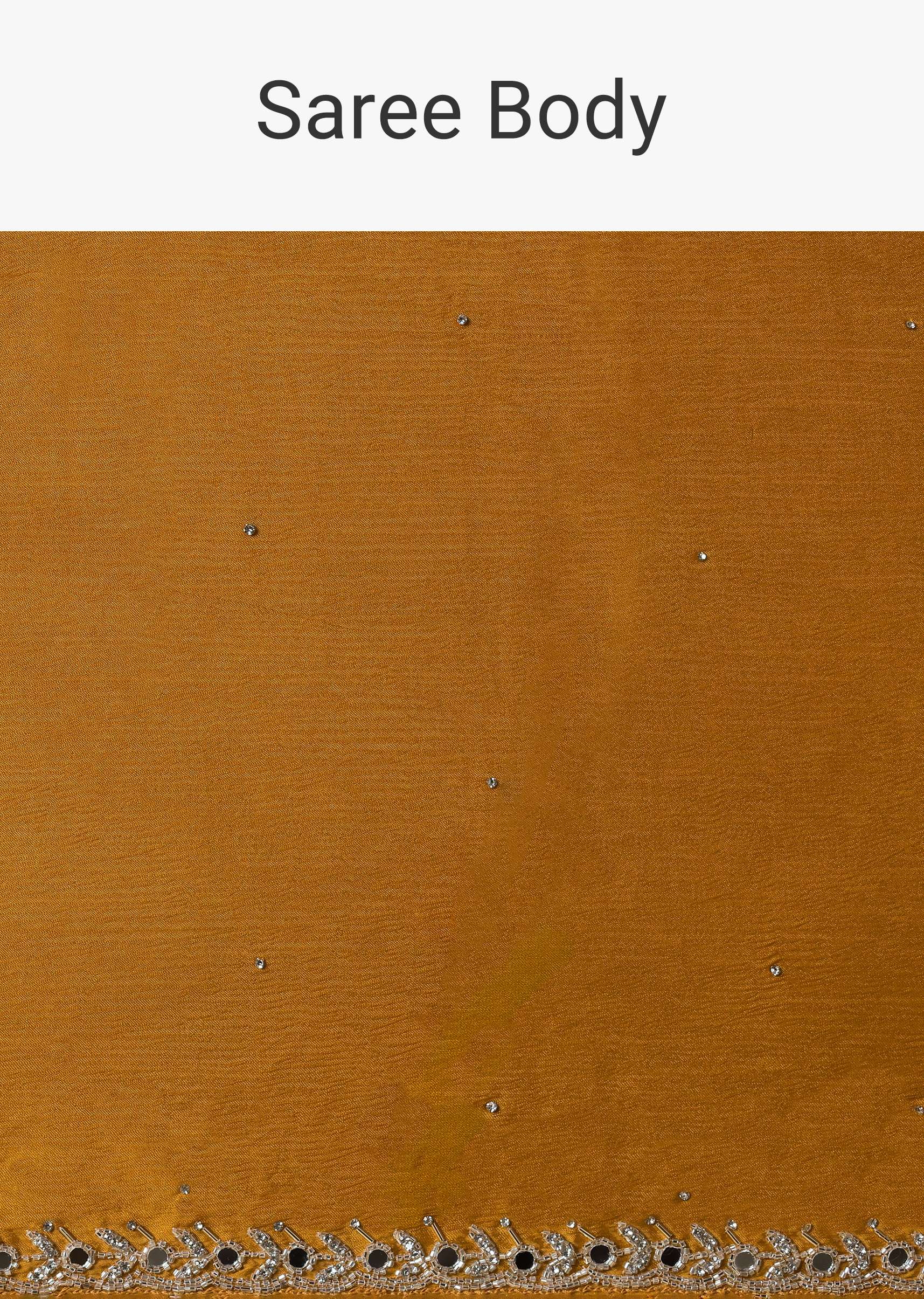 Mustard Satin Chinnon Saree With Mirror Detail Border And Unstitched Blouse Piece - Image 9