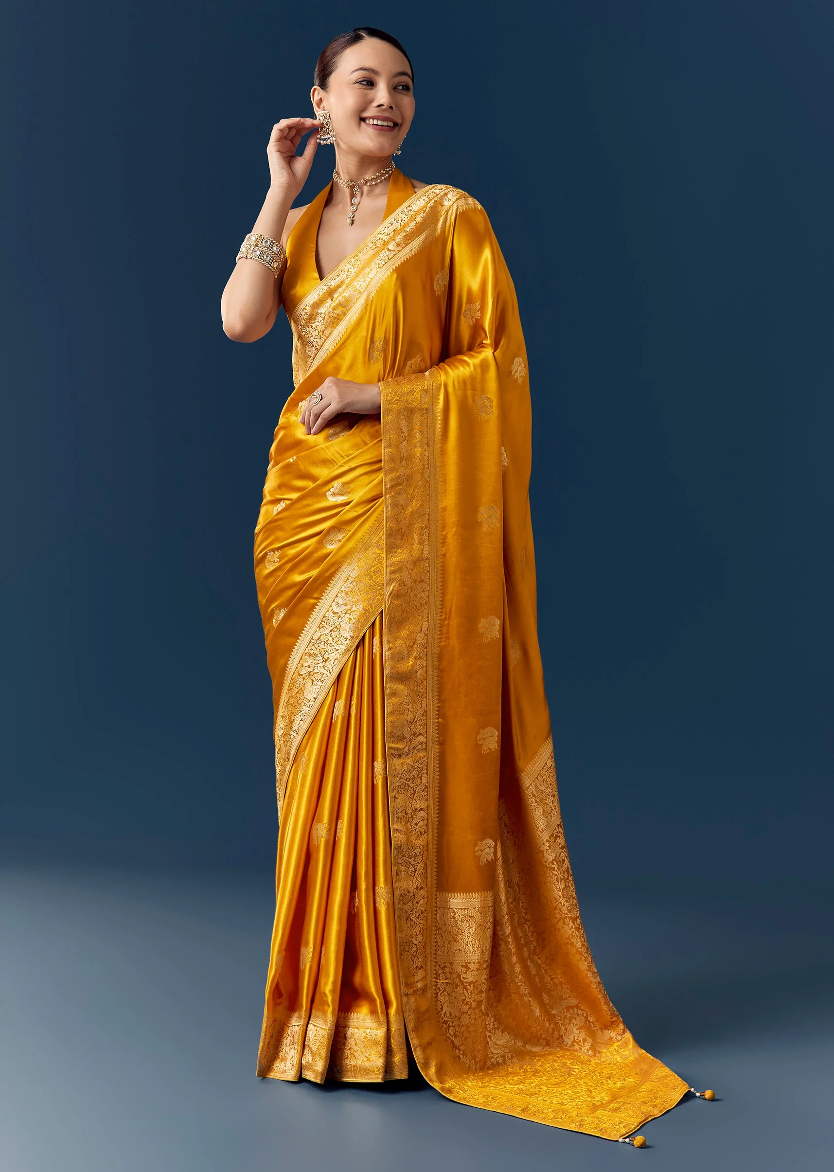 Mustard Satin Silk Saree with Bird Motif Zari Weave