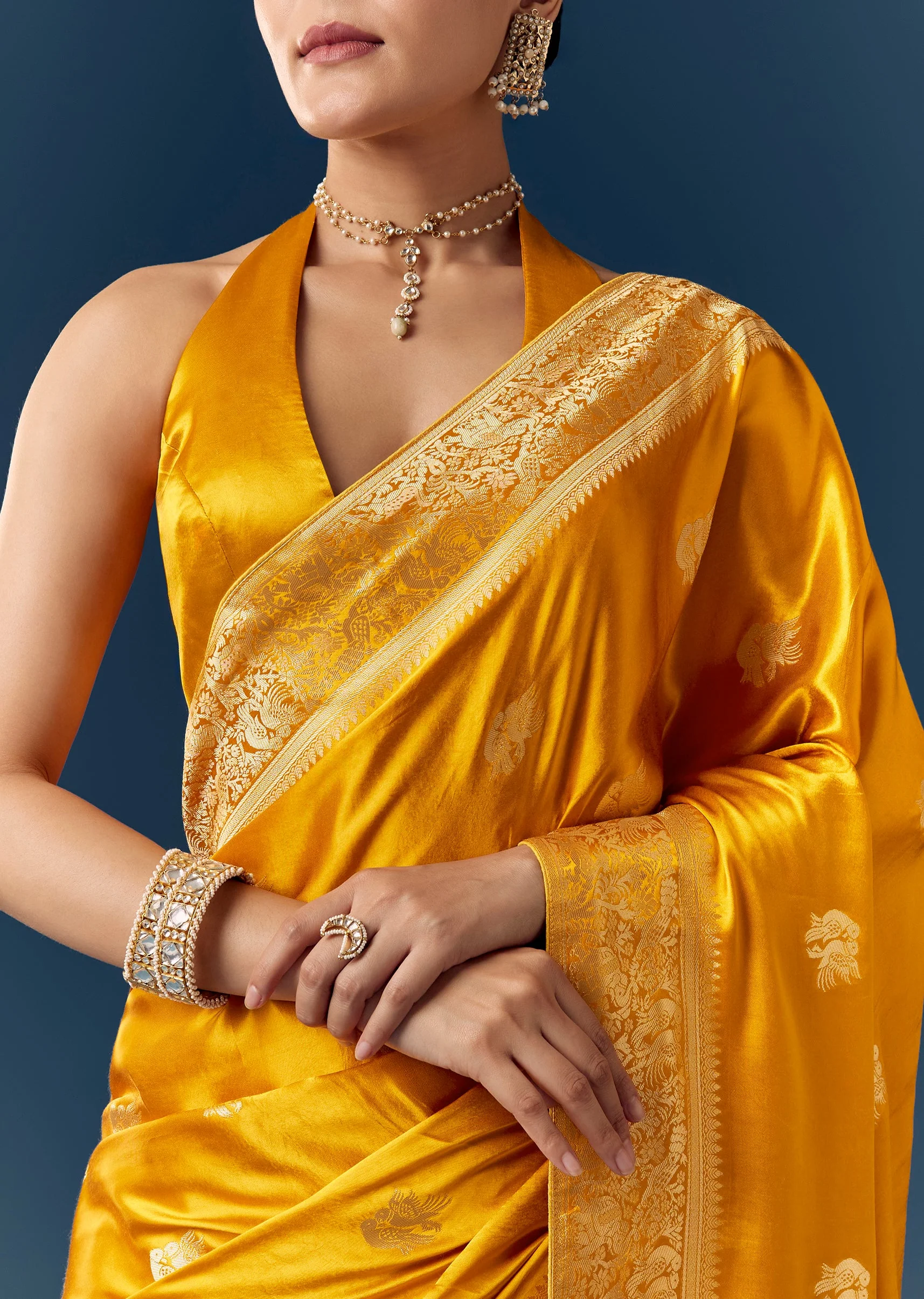 Mustard Satin Silk Saree with Bird Motif Zari Weave - Image 2