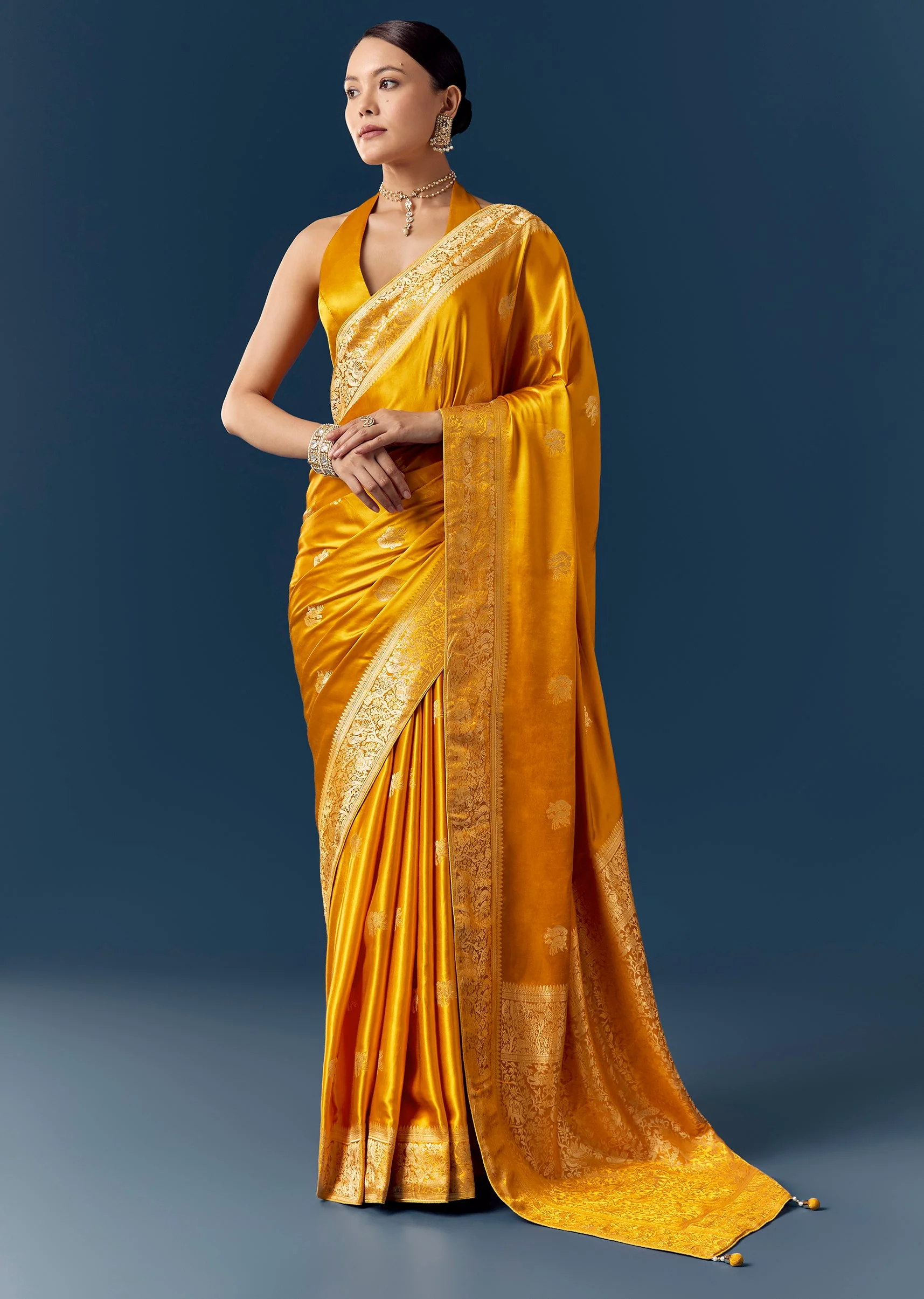 Mustard Satin Silk Saree with Bird Motif Zari Weave - Image 3
