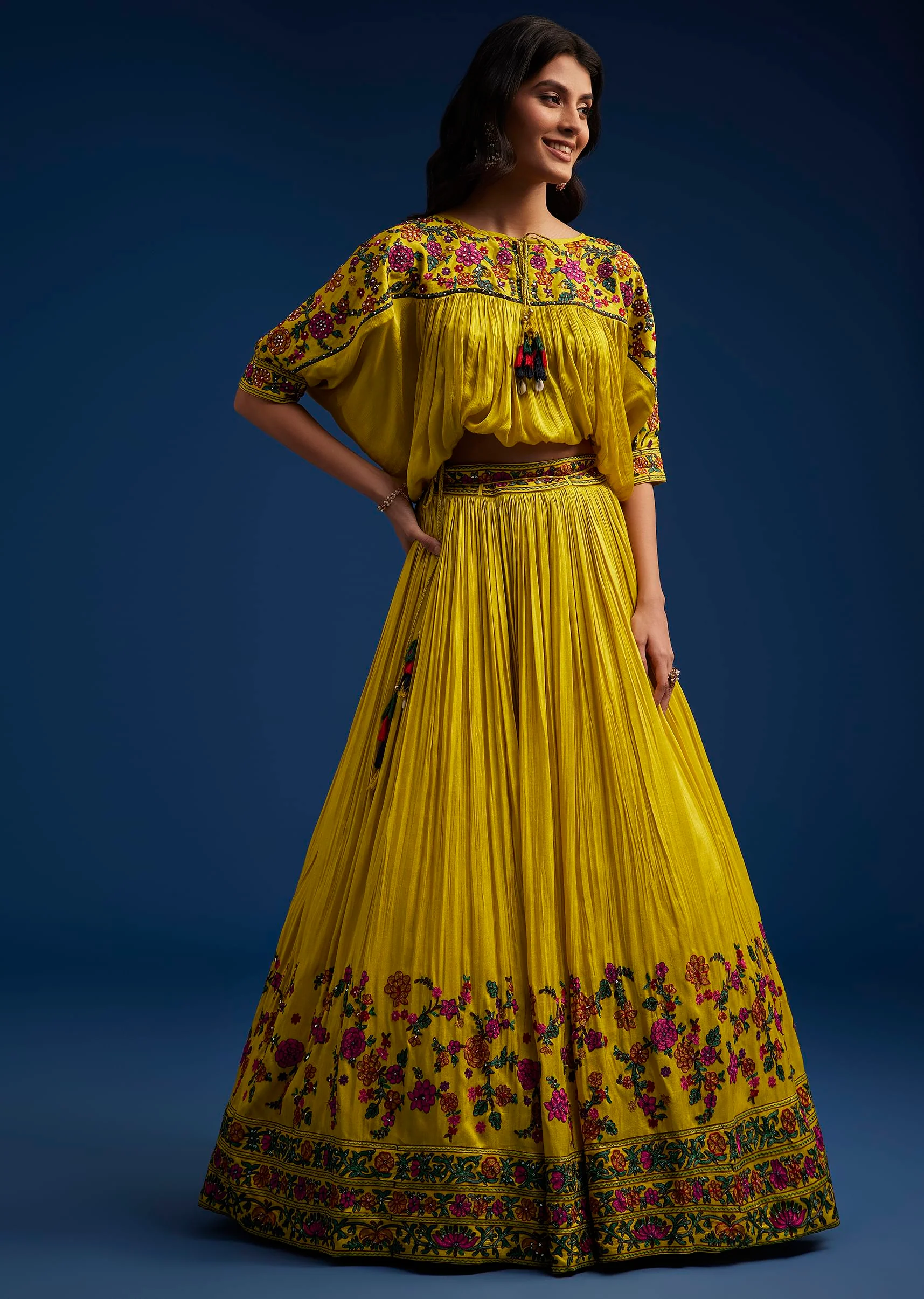 Mustard Silk Blend Crop Top And Skirt With Resham Work - Image 3
