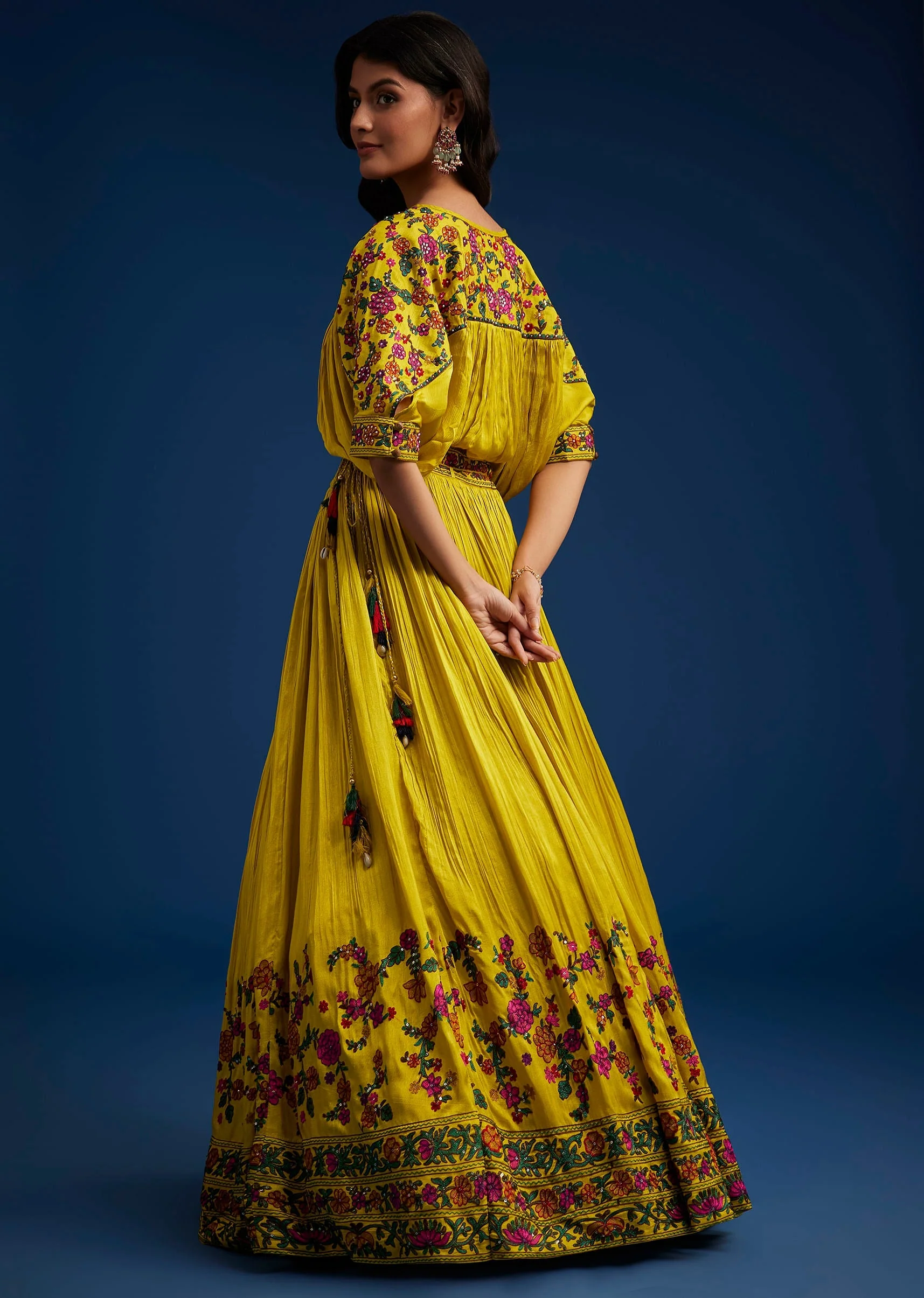 Mustard Silk Blend Crop Top And Skirt With Resham Work - Image 5