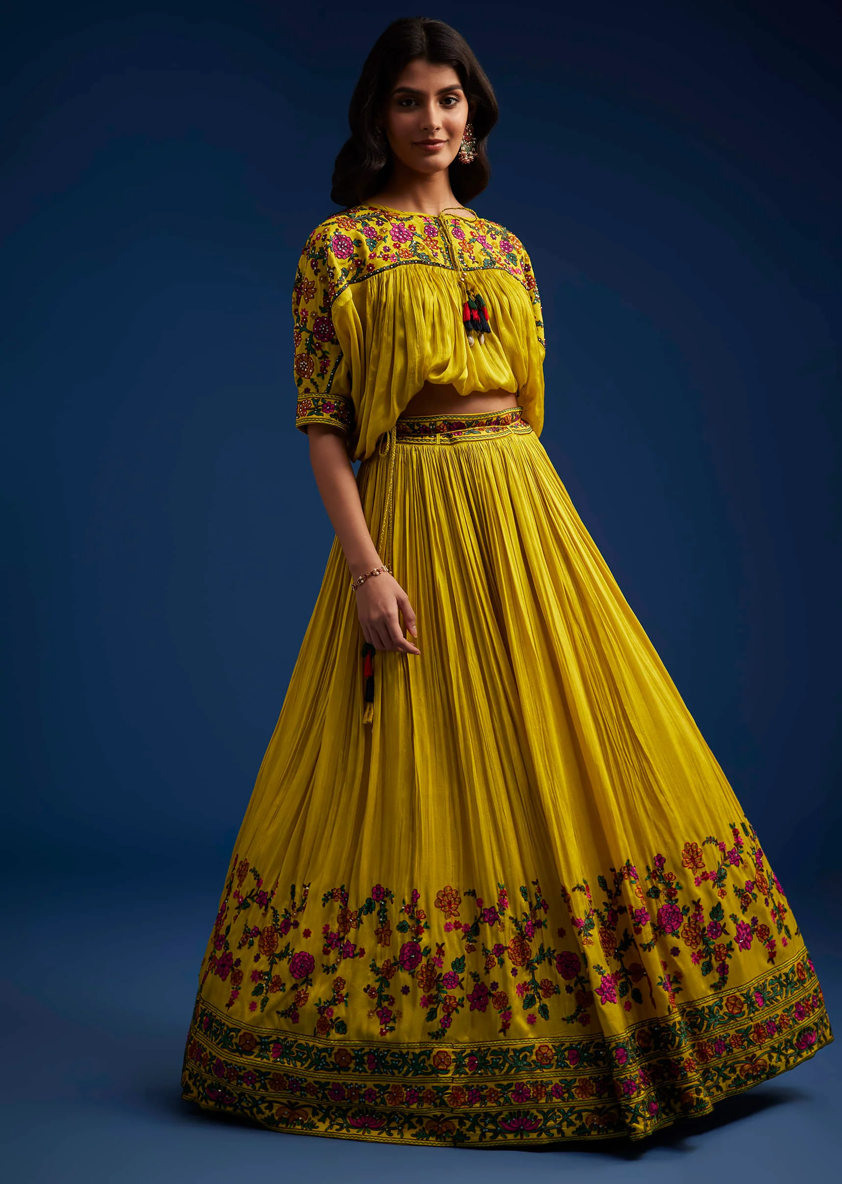 Mustard Silk Blend Crop Top And Skirt With Resham Work - Image 6