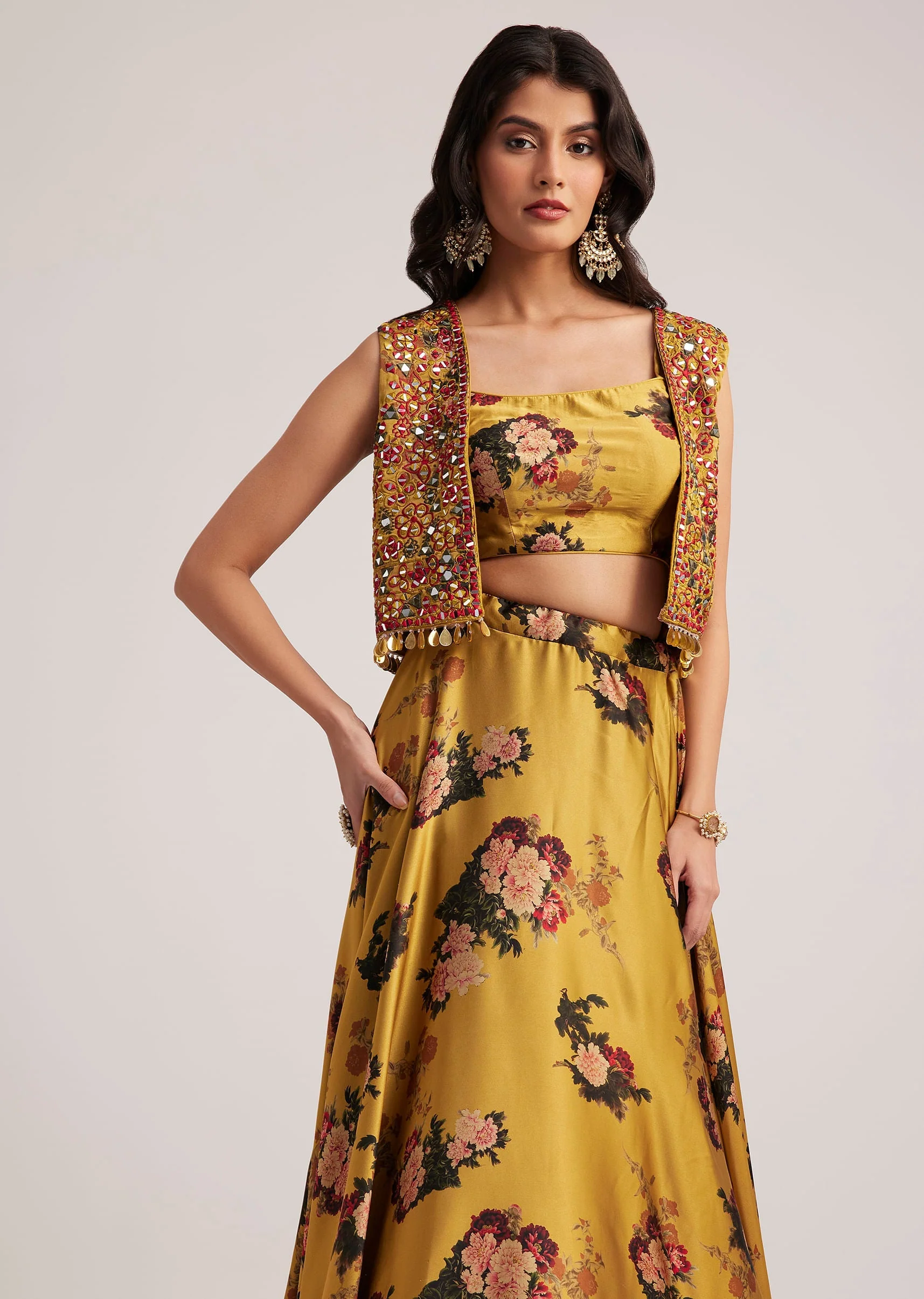 Mustard Silk Floral Skirt Set With Jacket And Mirror Work - Image 2