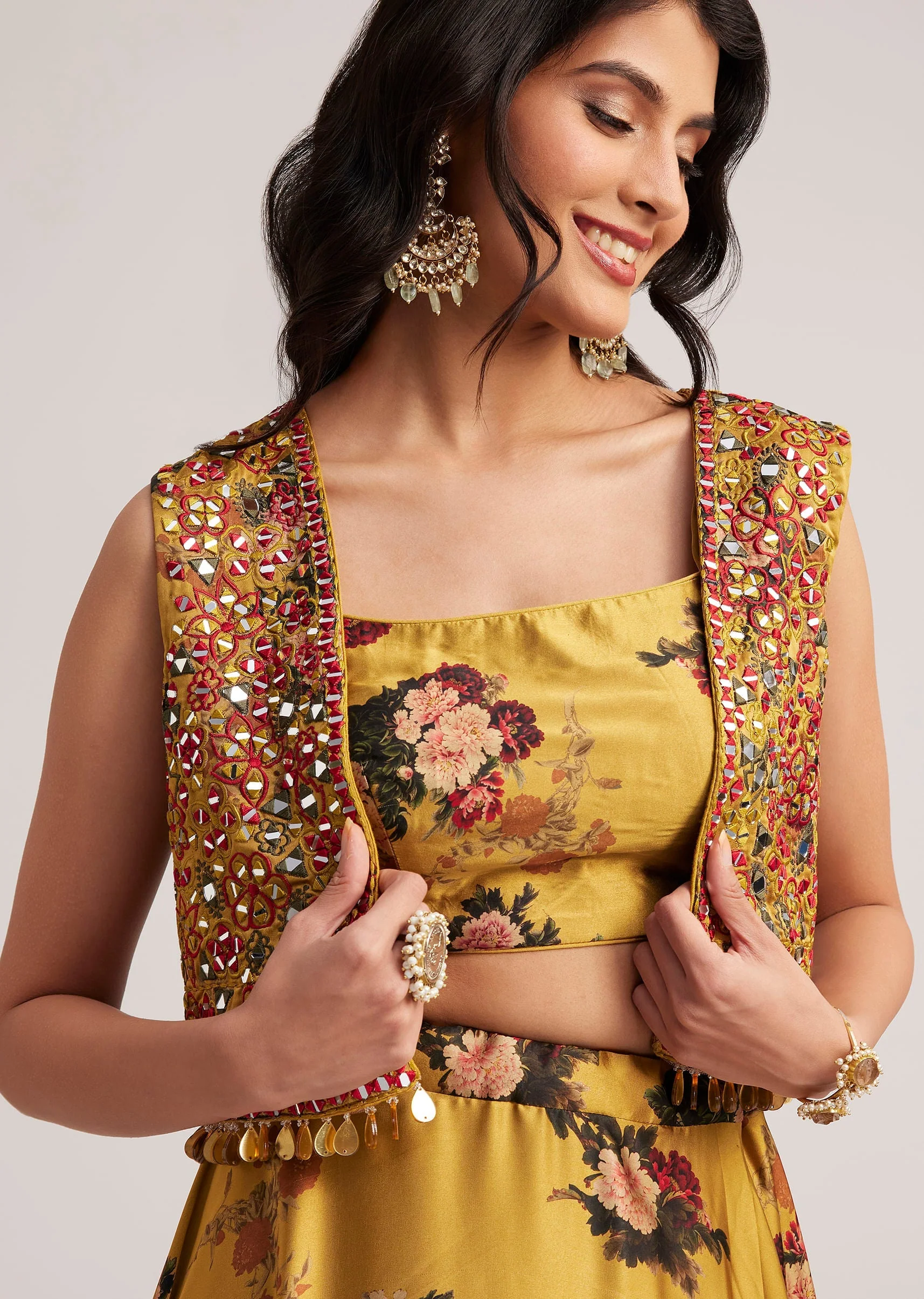 Mustard Silk Floral Skirt Set With Jacket And Mirror Work - Image 4