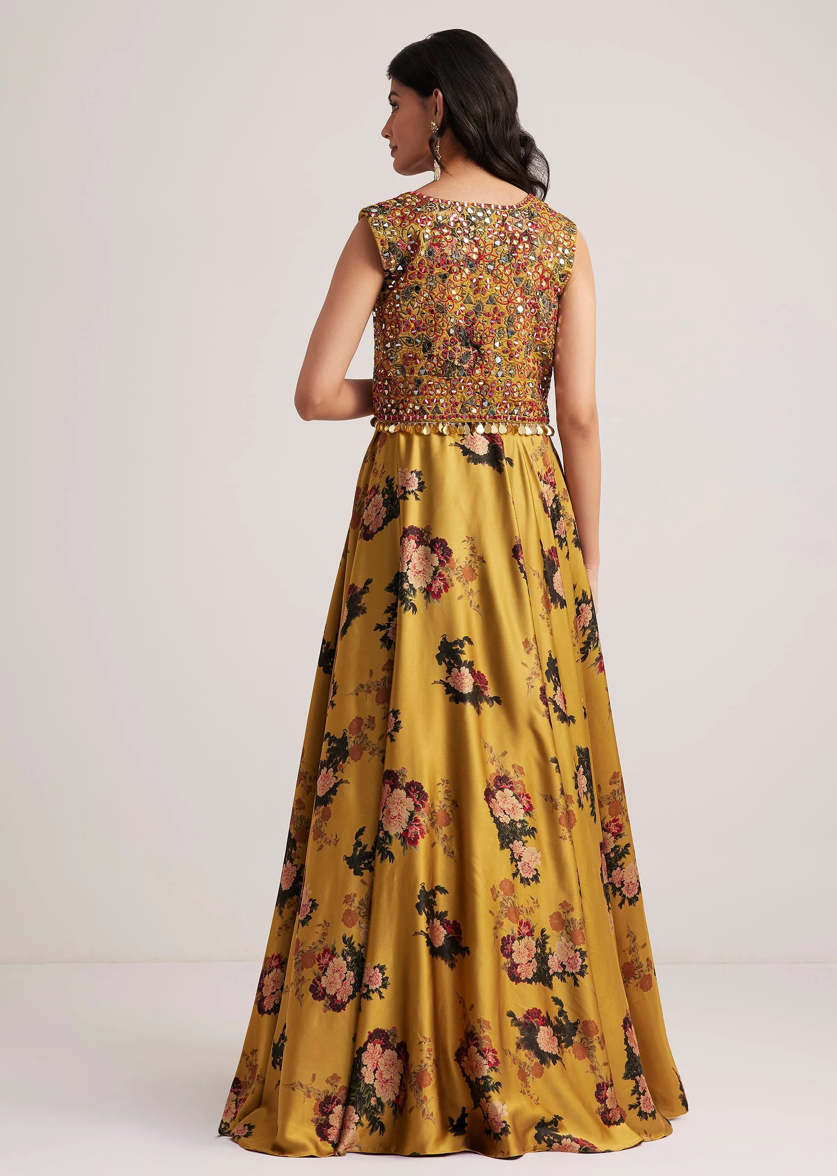 Mustard Silk Floral Skirt Set With Jacket And Mirror Work - Image 5