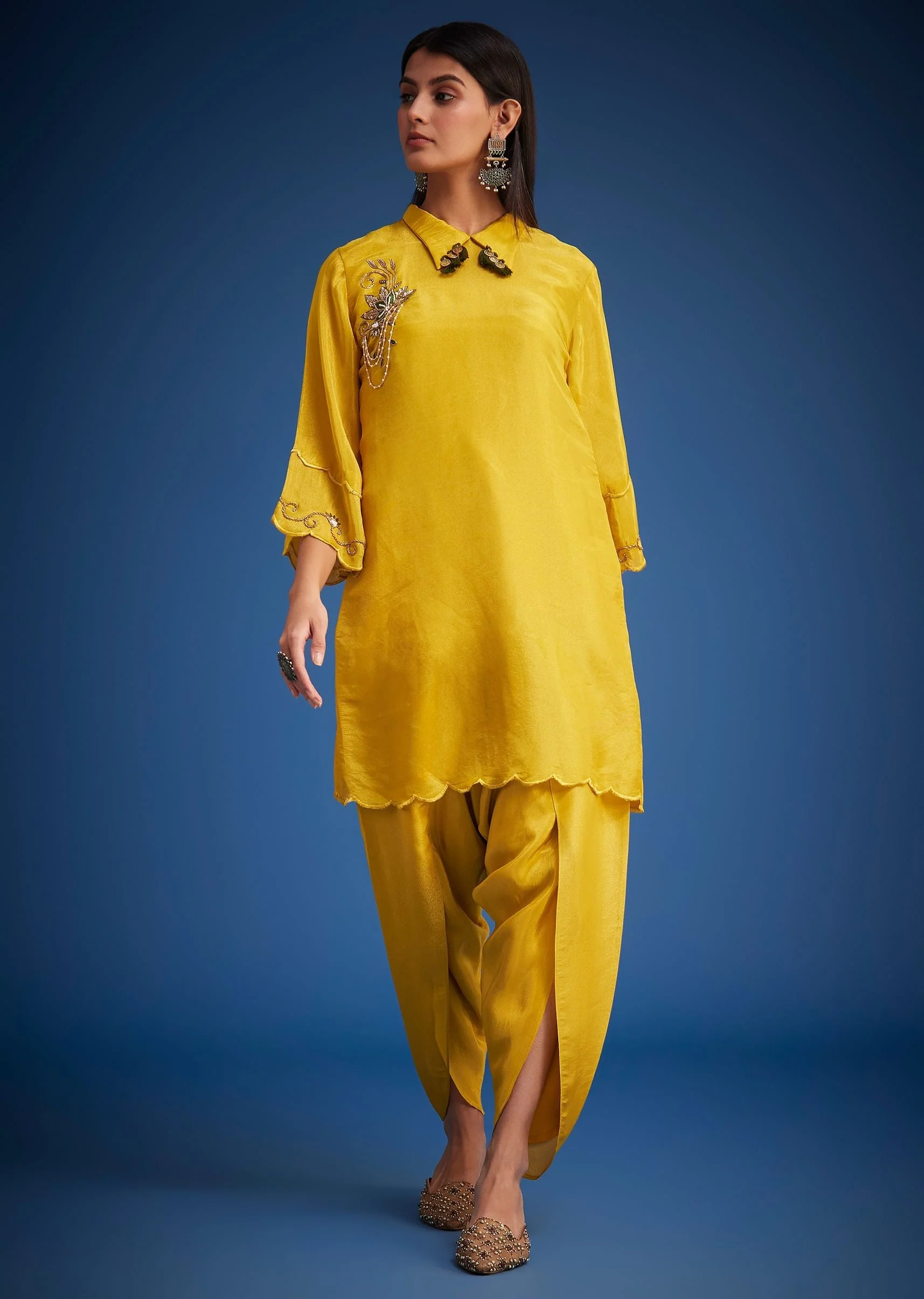 Mustard Tissue Embroidered Dhoti Set - Image 5