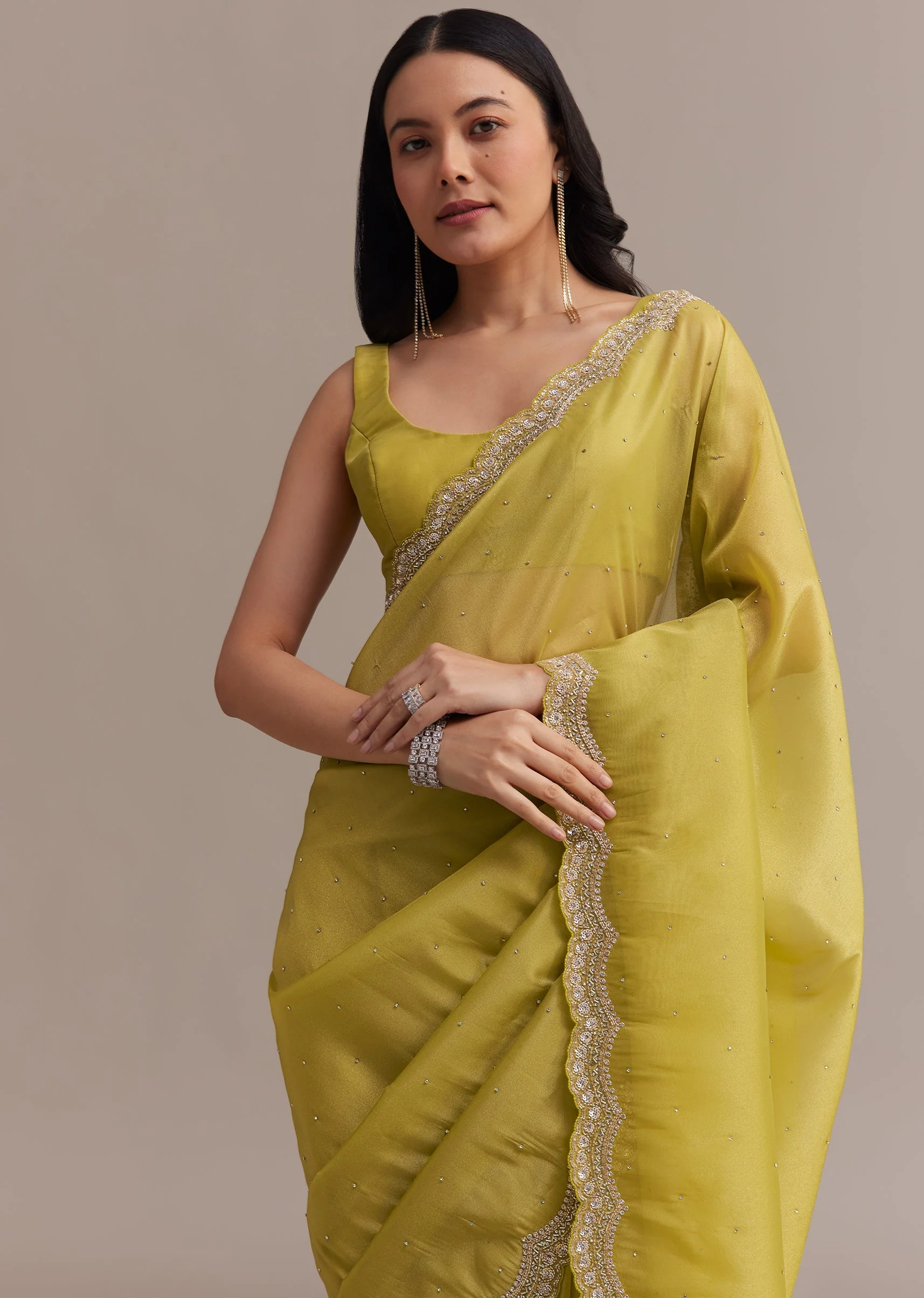 Mustard Tissue Organza Saree With Sequins Embellished Border - Image 5
