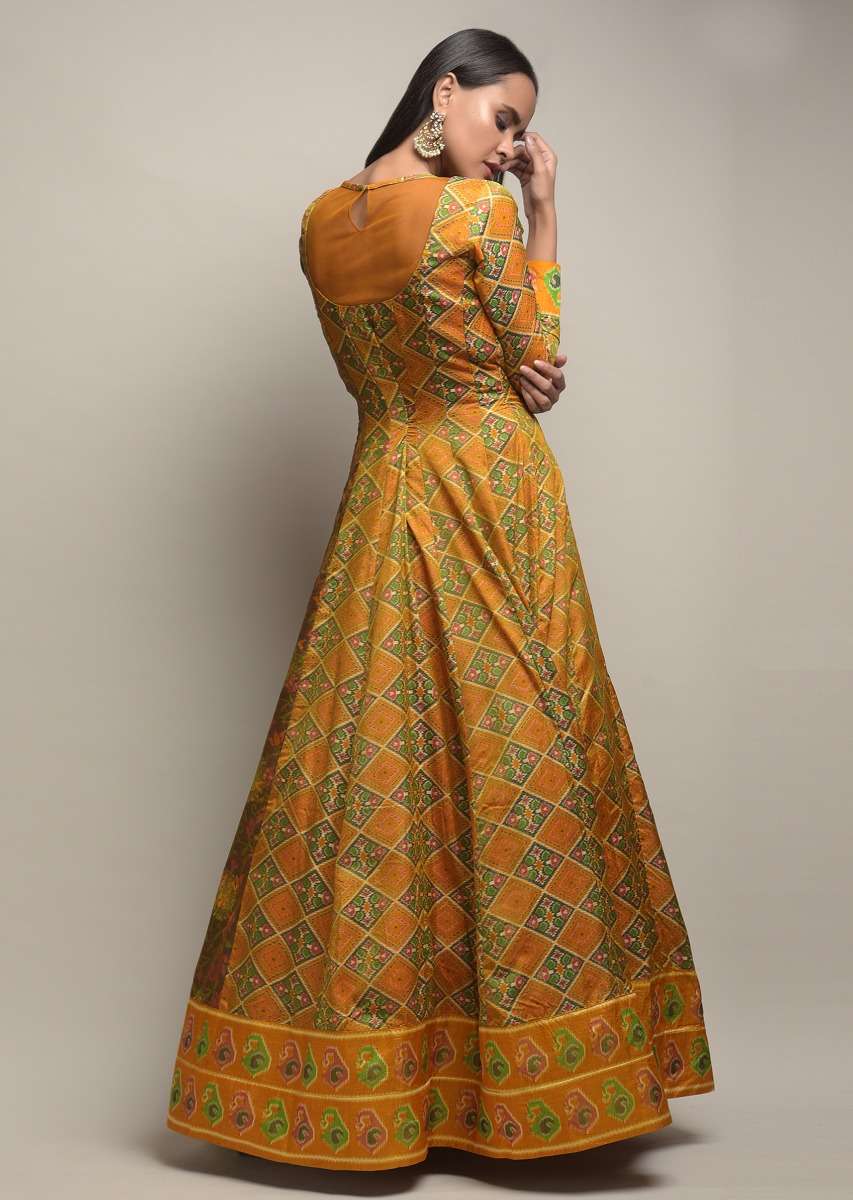 Mustard Yellow Anarkali Suit In Silk With Patola Print And Beads Embroidered Patchwork Detailing Online - Kalki Fashion - Image 4