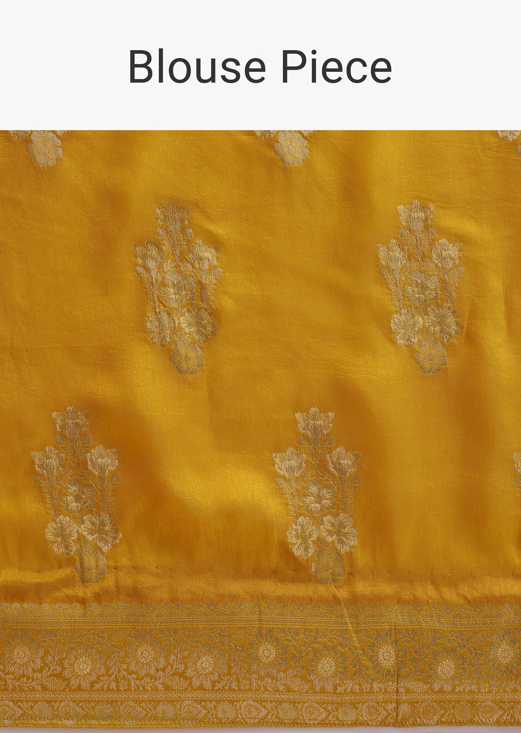 Mustard Yellow Banarasi Silk Saree With Zari Floral Motifs And Unstitched Blouse Piece - Image 10