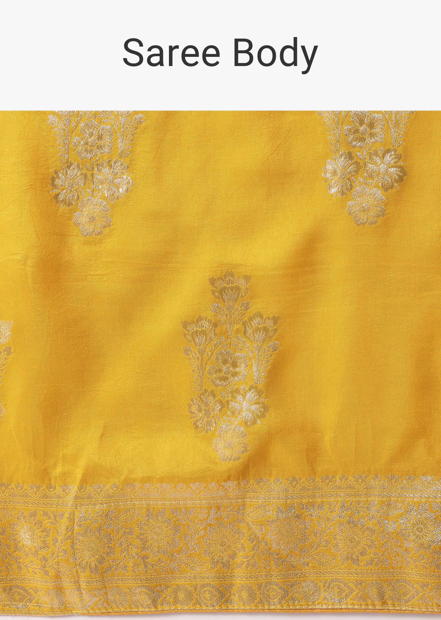 Mustard Yellow Banarasi Silk Saree With Zari Floral Motifs And Unstitched Blouse Piece - Image 9