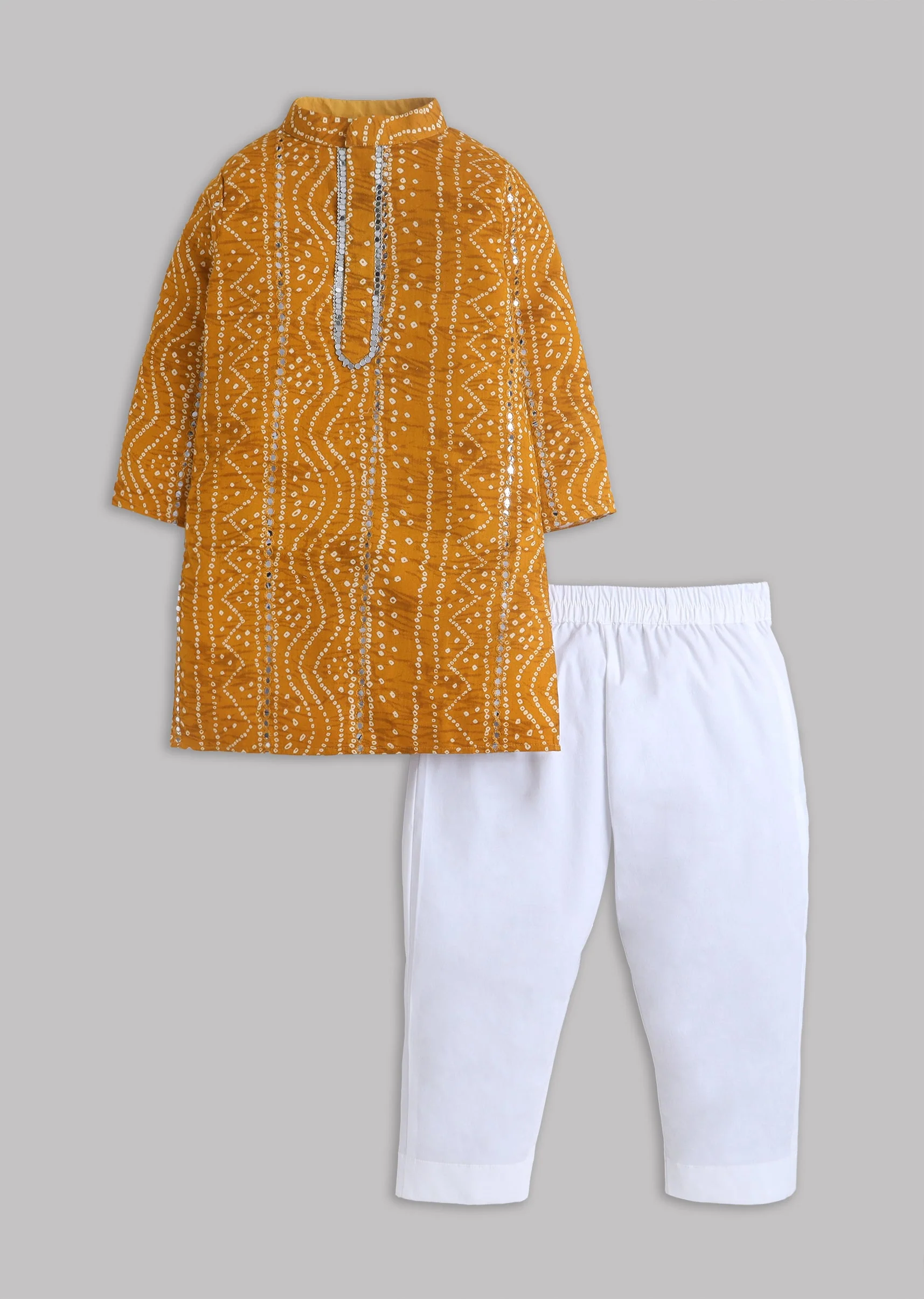 Mustard Yellow Bandhani Print Kurta Set With Faux Mirror