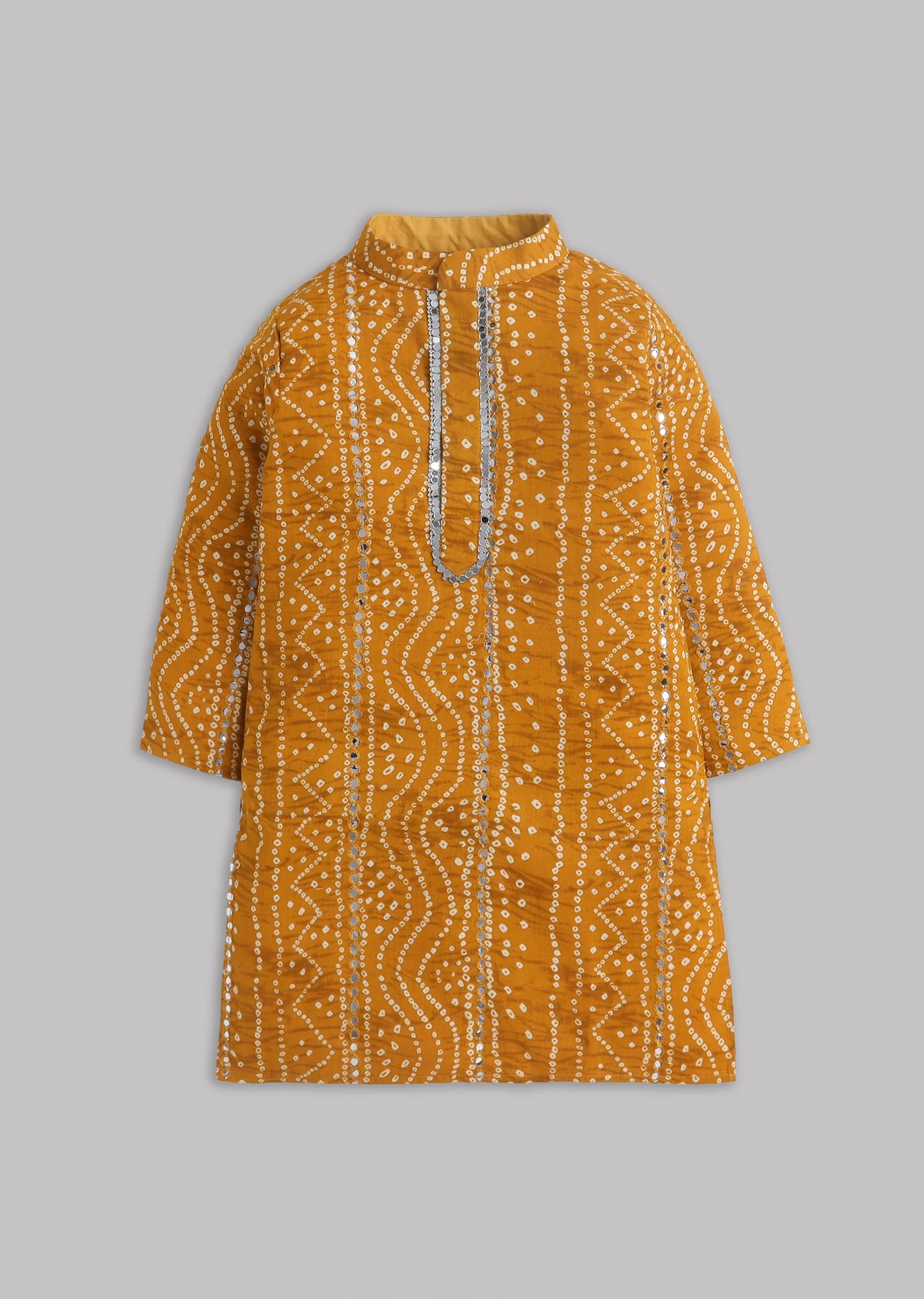 Mustard Yellow Bandhani Print Kurta Set With Faux Mirror - Image 2