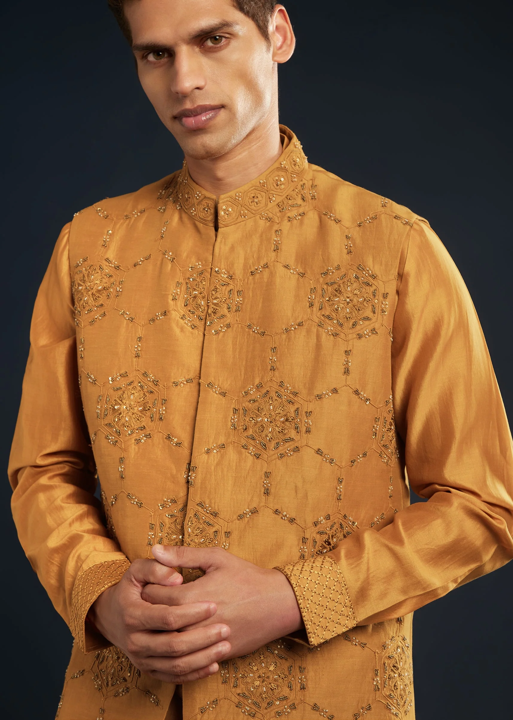 Mustard Yellow Chanderi Jacket Kurta Set With Dori Work - Image 2