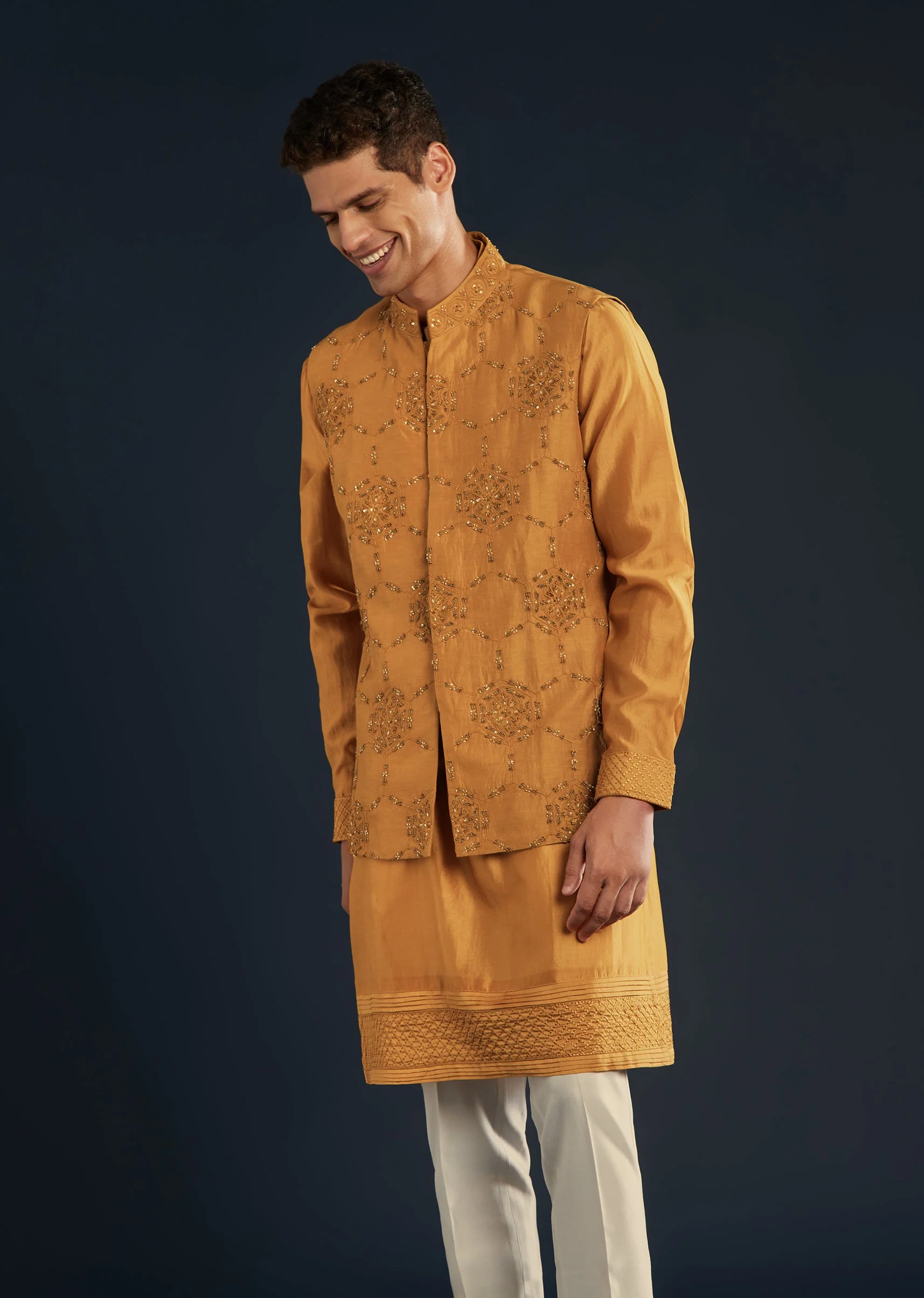 Mustard Yellow Chanderi Jacket Kurta Set With Dori Work - Image 4