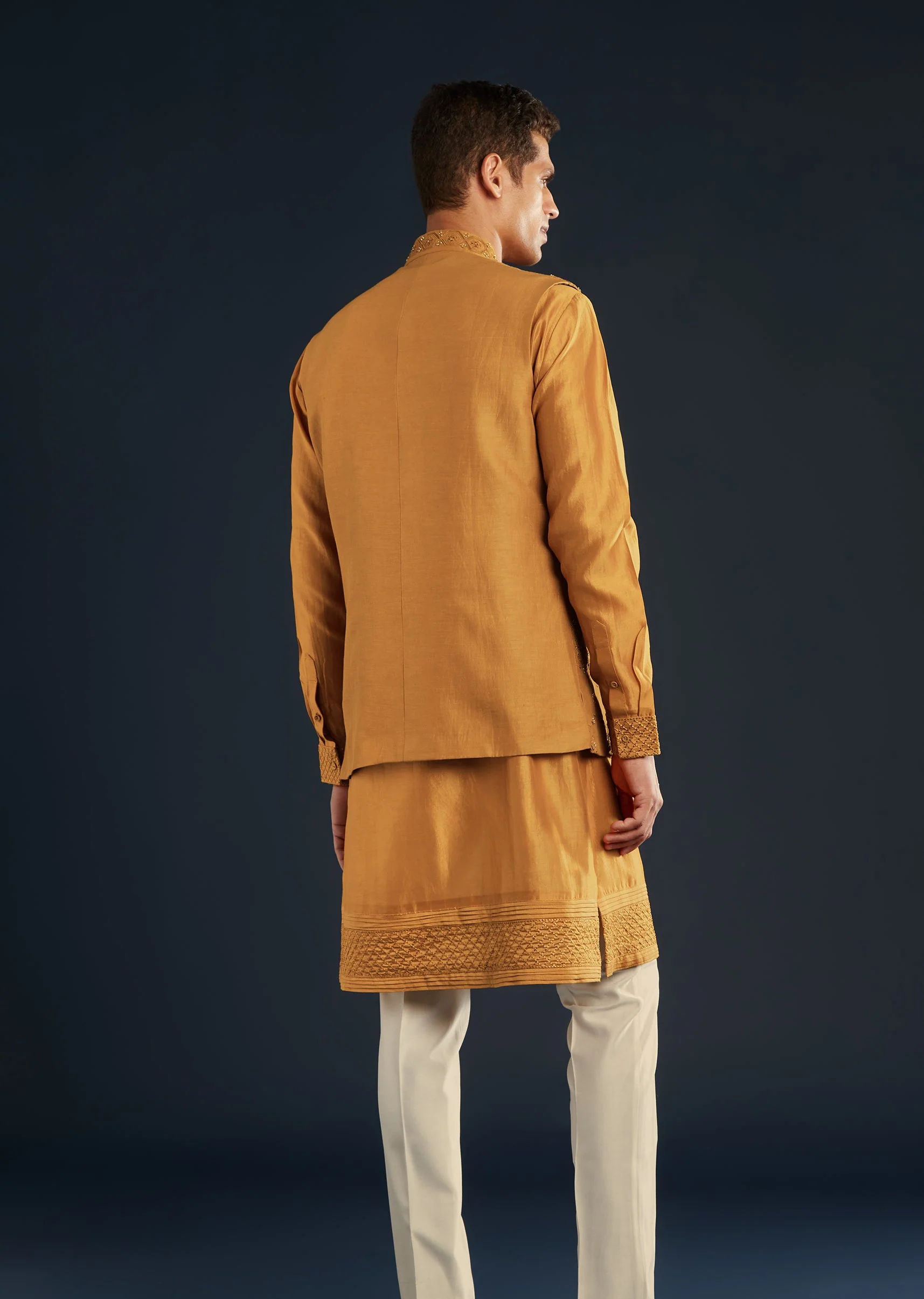 Mustard Yellow Chanderi Jacket Kurta Set With Dori Work - Image 5
