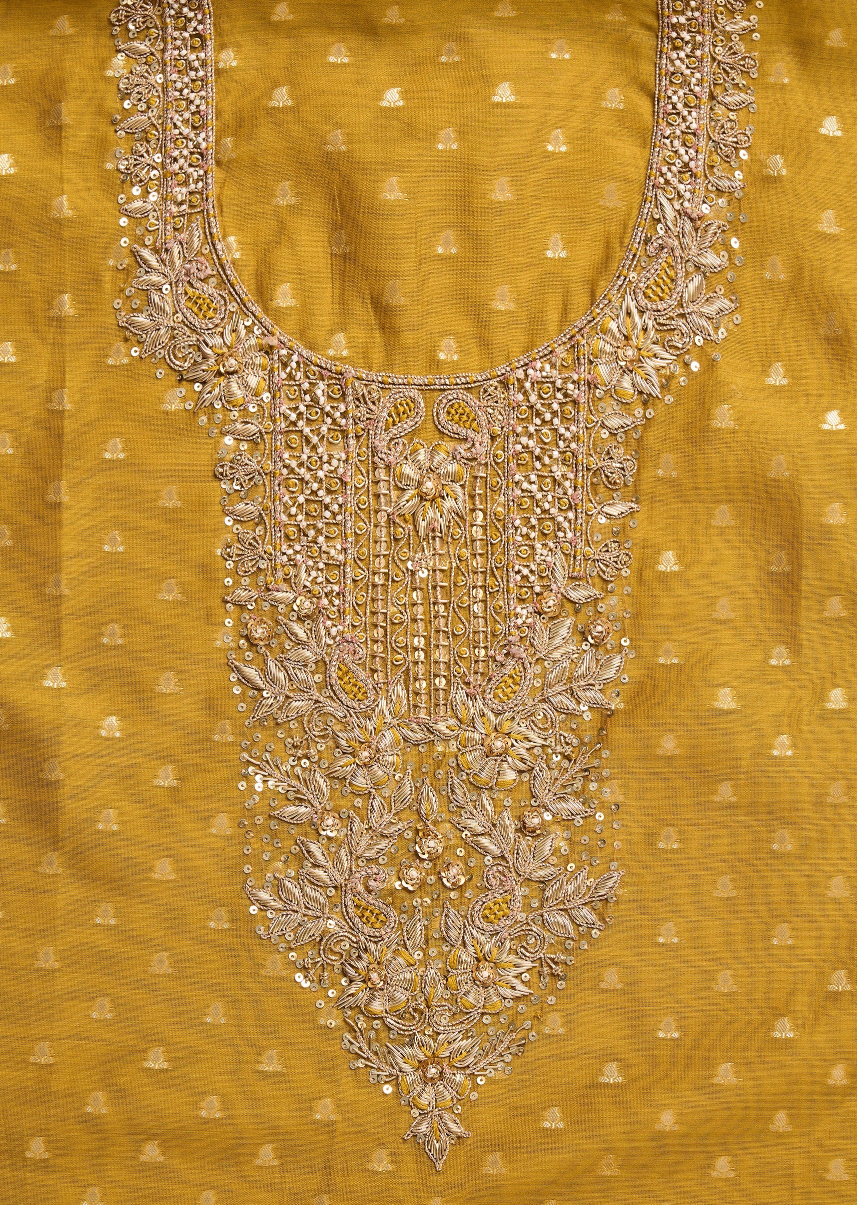 Mustard Yellow Chanderi Unstitched Suit With Dupatta - Image 2