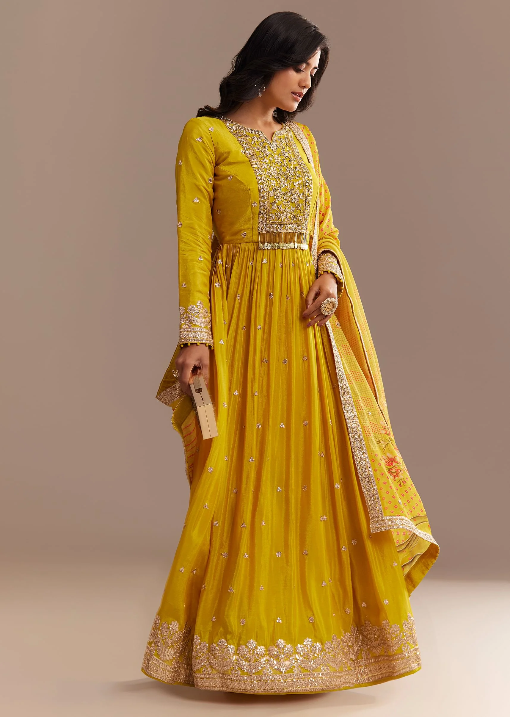 Mustard Yellow Chiffon Zardosi Anarkali Set - Image 3