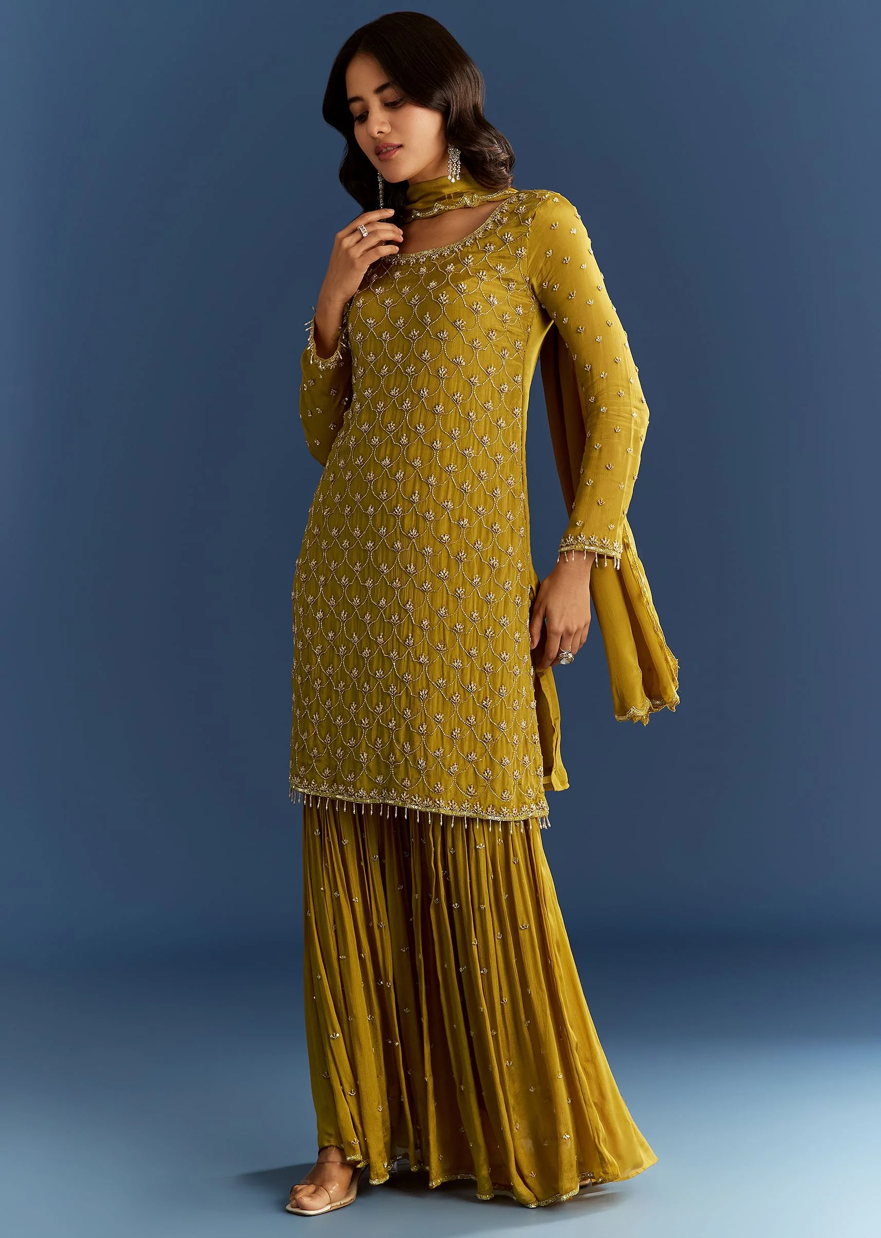 Mustard Yellow Chinon Kurta With Sharara And Dupatta - Image 3