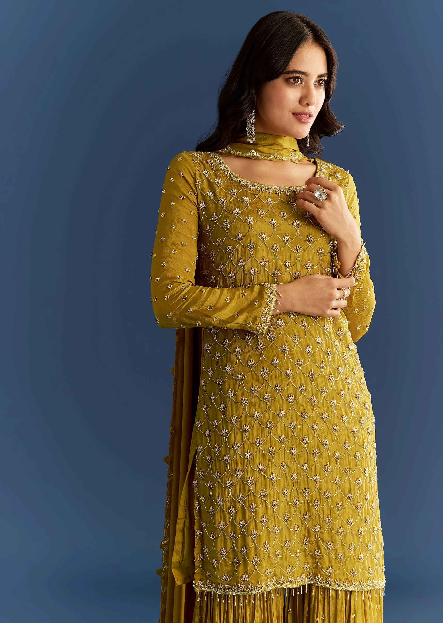 Mustard Yellow Chinon Kurta With Sharara And Dupatta - Image 4