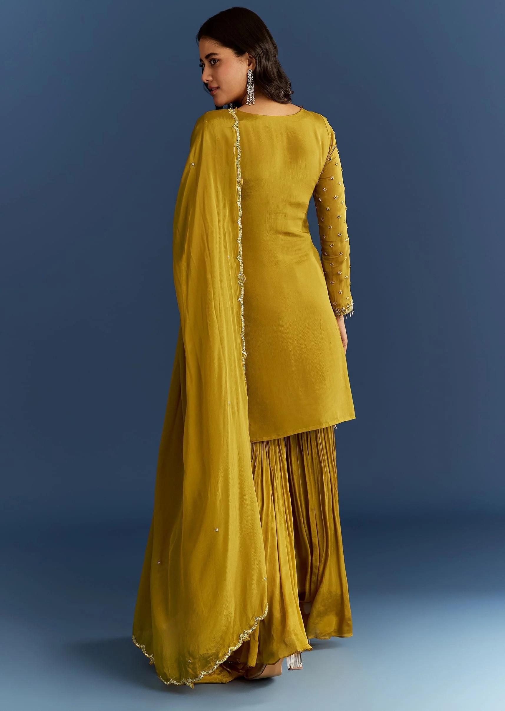 Mustard Yellow Chinon Kurta With Sharara And Dupatta - Image 5