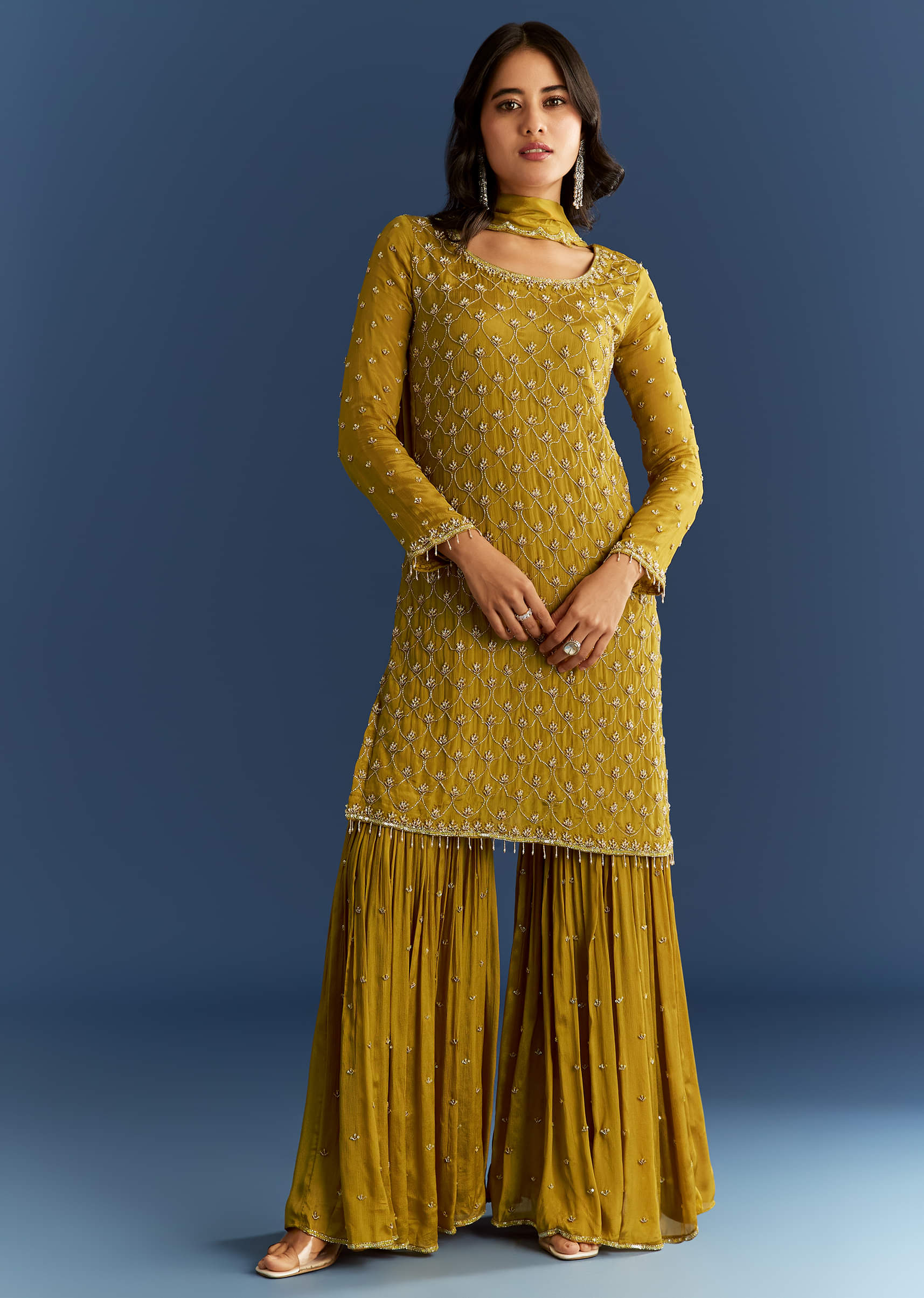 Mustard Yellow Chinon Kurta With Sharara And Dupatta - Image 7