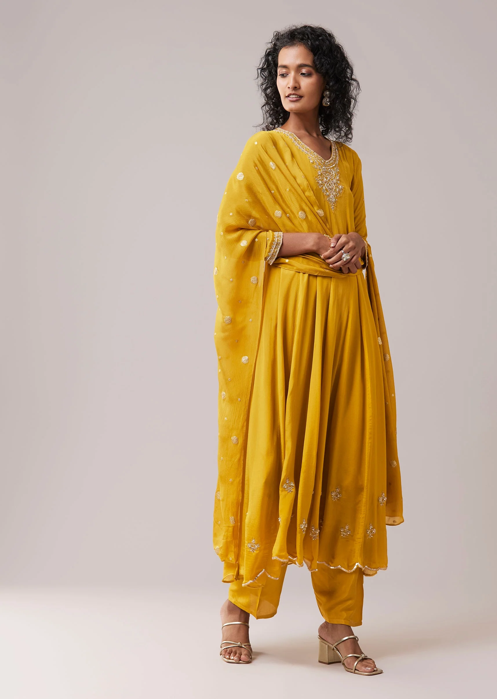 Mustard Yellow Chinon Sequin Embroidered Anarkali Set - Image 3