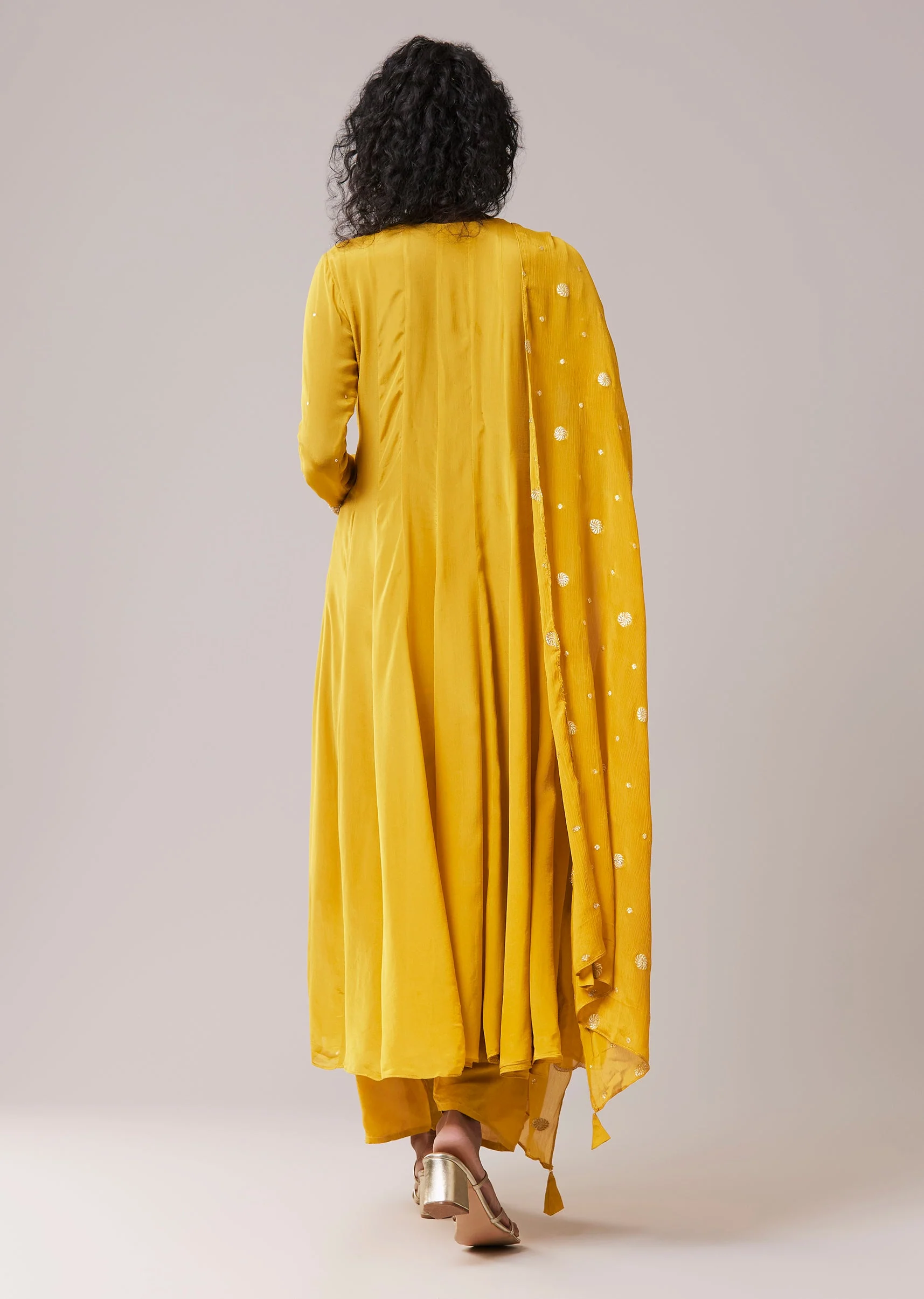 Mustard Yellow Chinon Sequin Embroidered Anarkali Set - Image 5