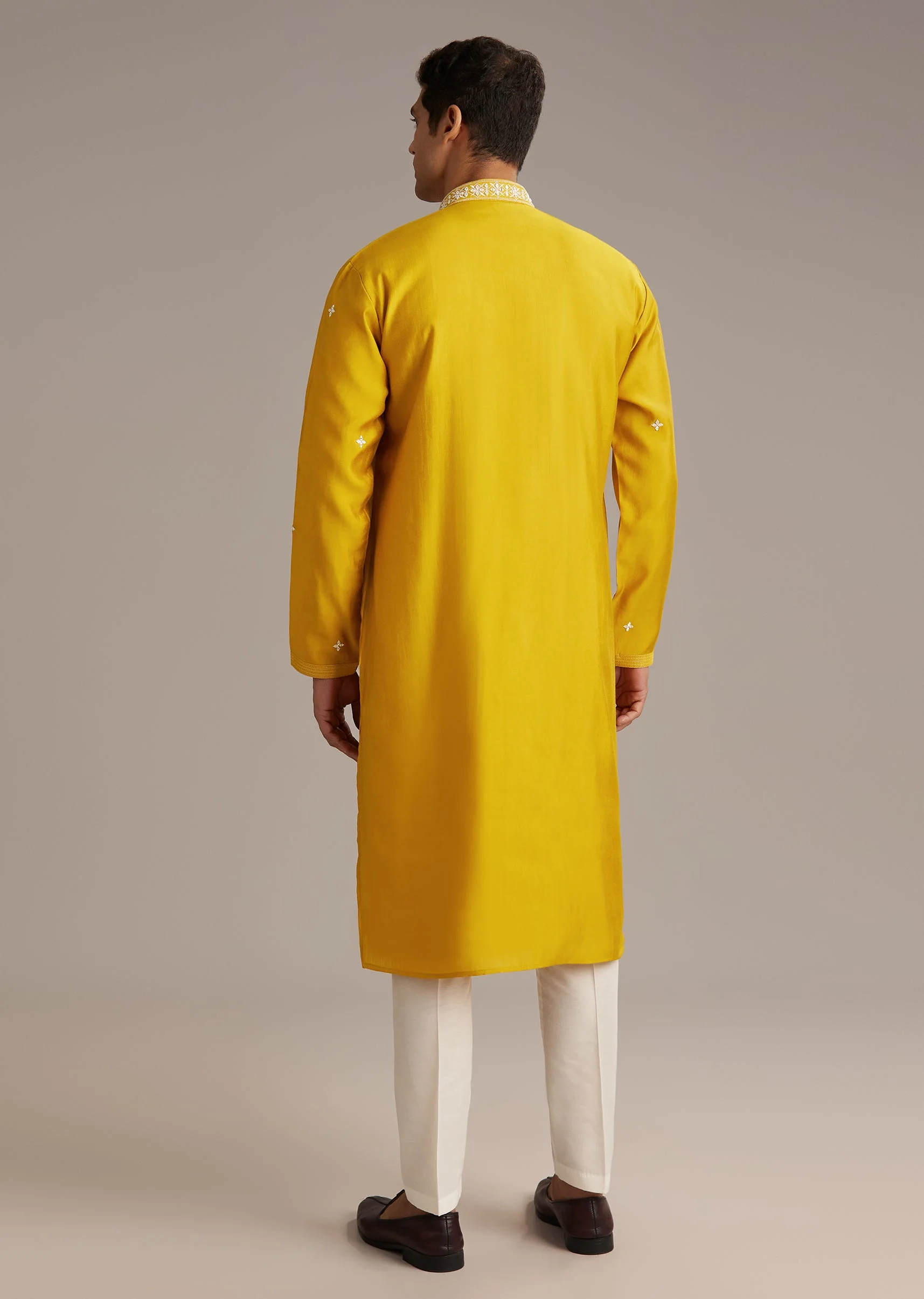 Mustard Yellow Coordinated Attire – Embellished Sharara Suit For Her And Yellow Silk Mirror Work Kurta Set For Him - Image 10