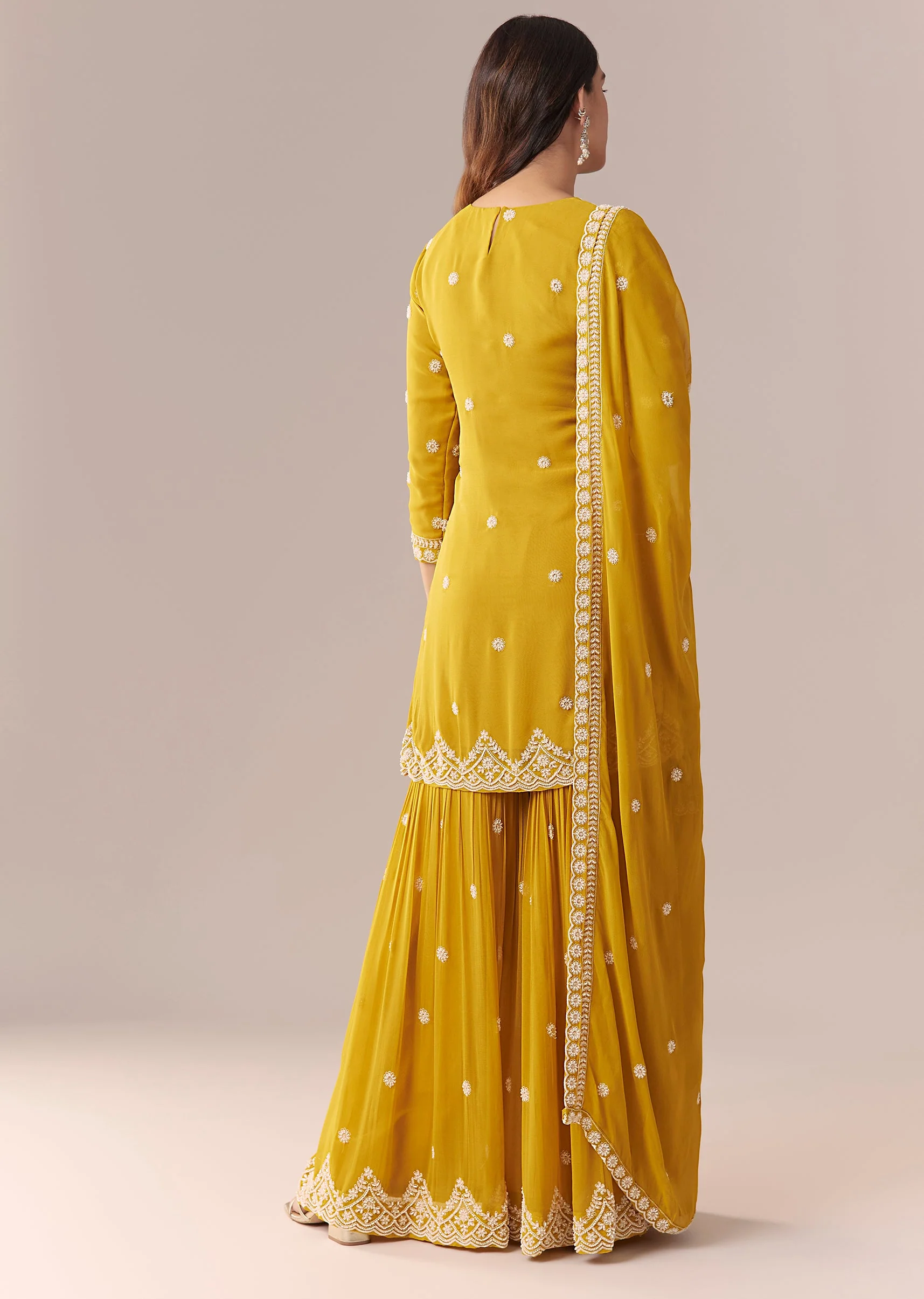 Mustard Yellow Coordinated Attire – Embellished Sharara Suit For Her And Yellow Silk Mirror Work Kurta Set For Him - Image 5
