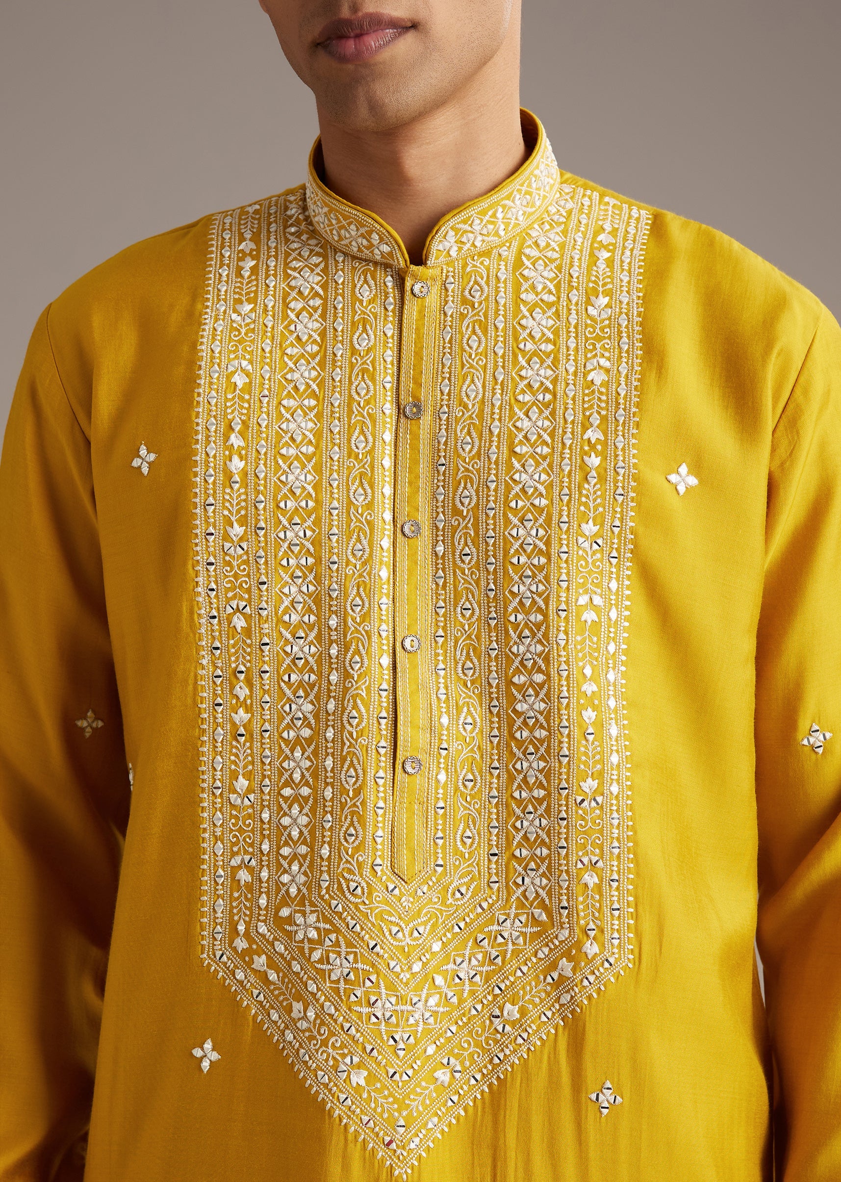 Mustard Yellow Coordinated Attire – Embellished Sharara Suit For Her And Yellow Silk Mirror Work Kurta Set For Him - Image 7