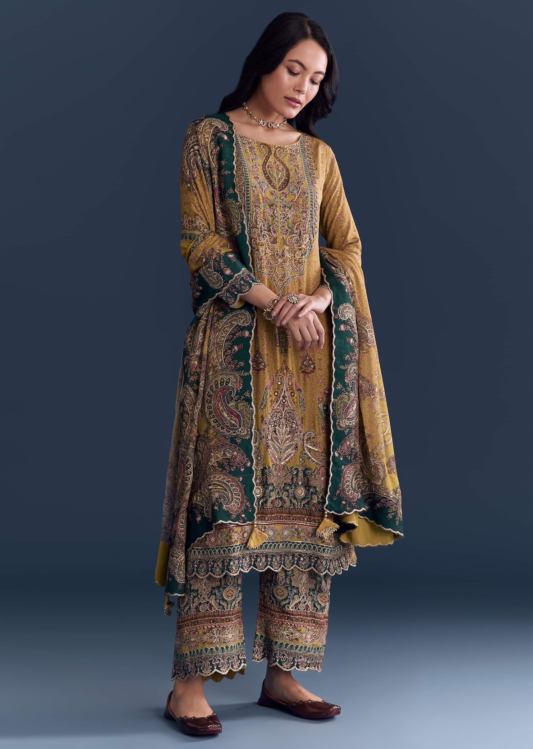 Mustard Yellow Crepe Kurta Set With Paisley And Floral Print - Image 3