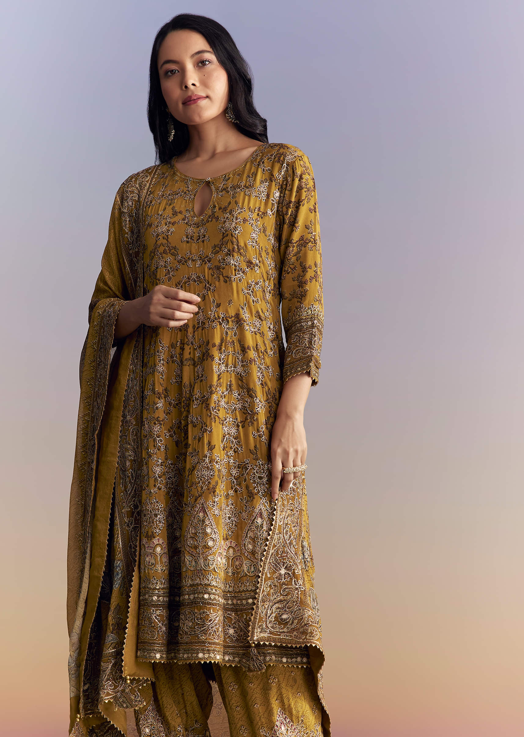 Mustard Yellow Crepe Patiala Suit With Indie Print And Zari Work - Image 4