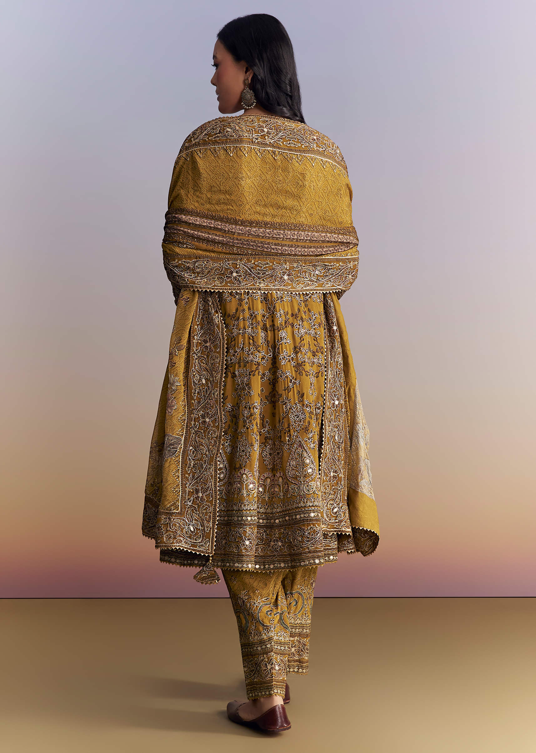 Mustard Yellow Crepe Patiala Suit With Indie Print And Zari Work - Image 5