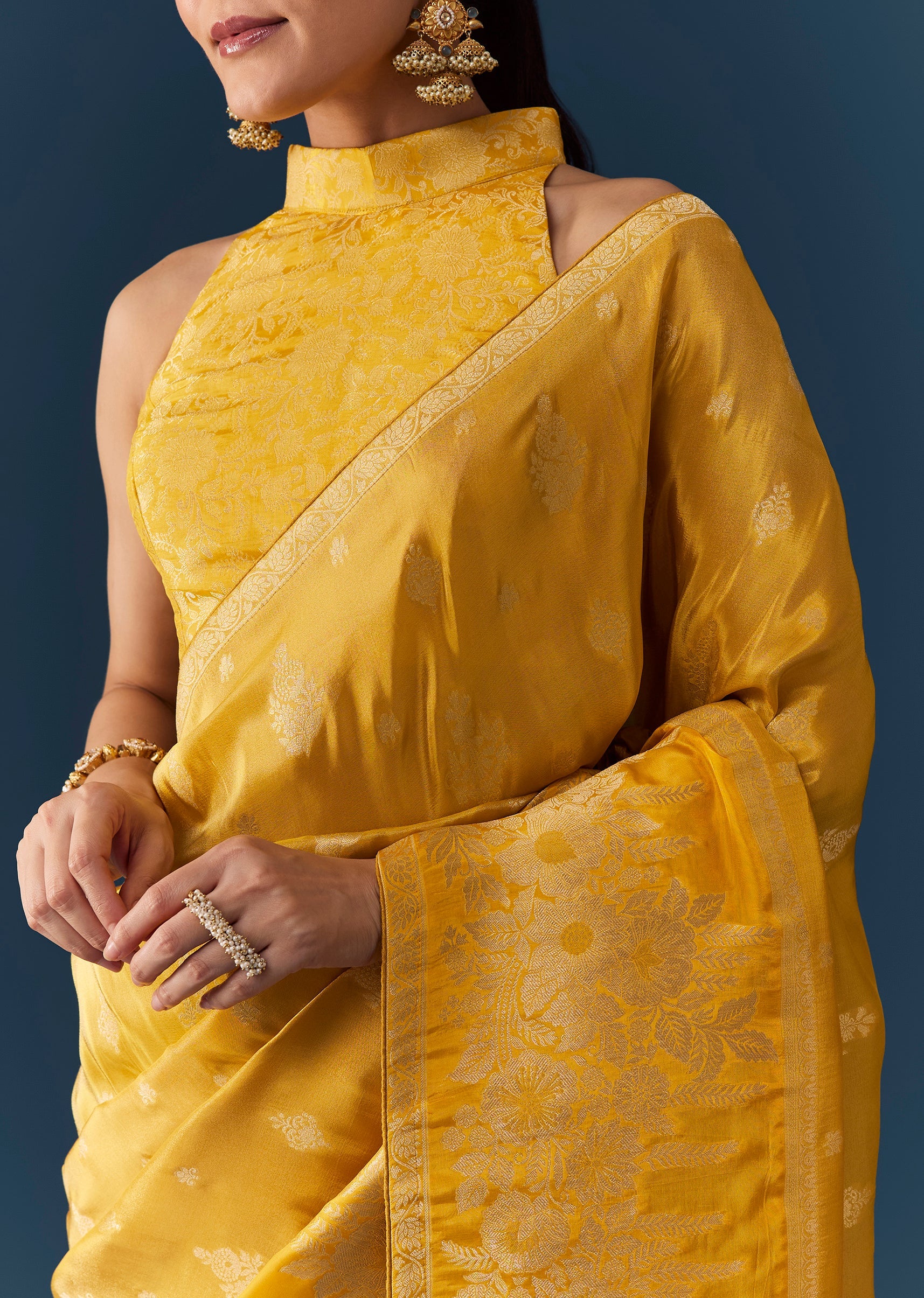 Mustard Yellow Dola Silk Saree with Blouse Fabric - Image 2