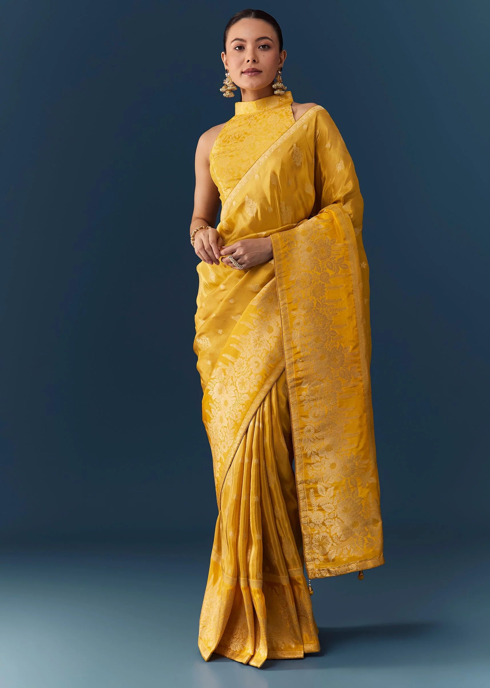 Mustard Yellow Dola Silk Saree with Blouse Fabric - Image 3