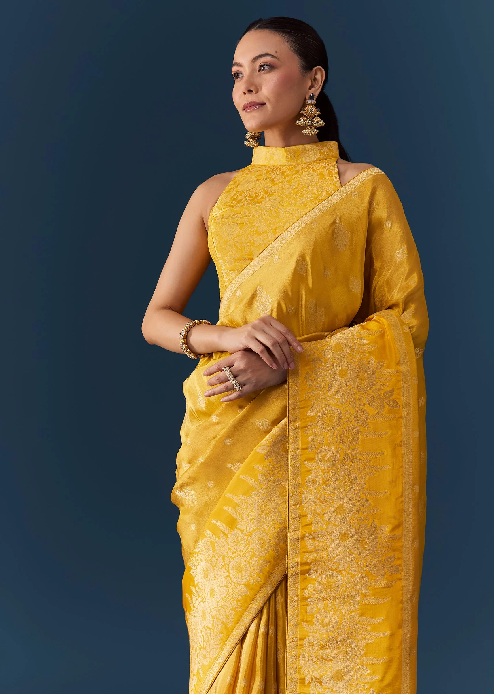 Mustard Yellow Dola Silk Saree with Blouse Fabric - Image 5