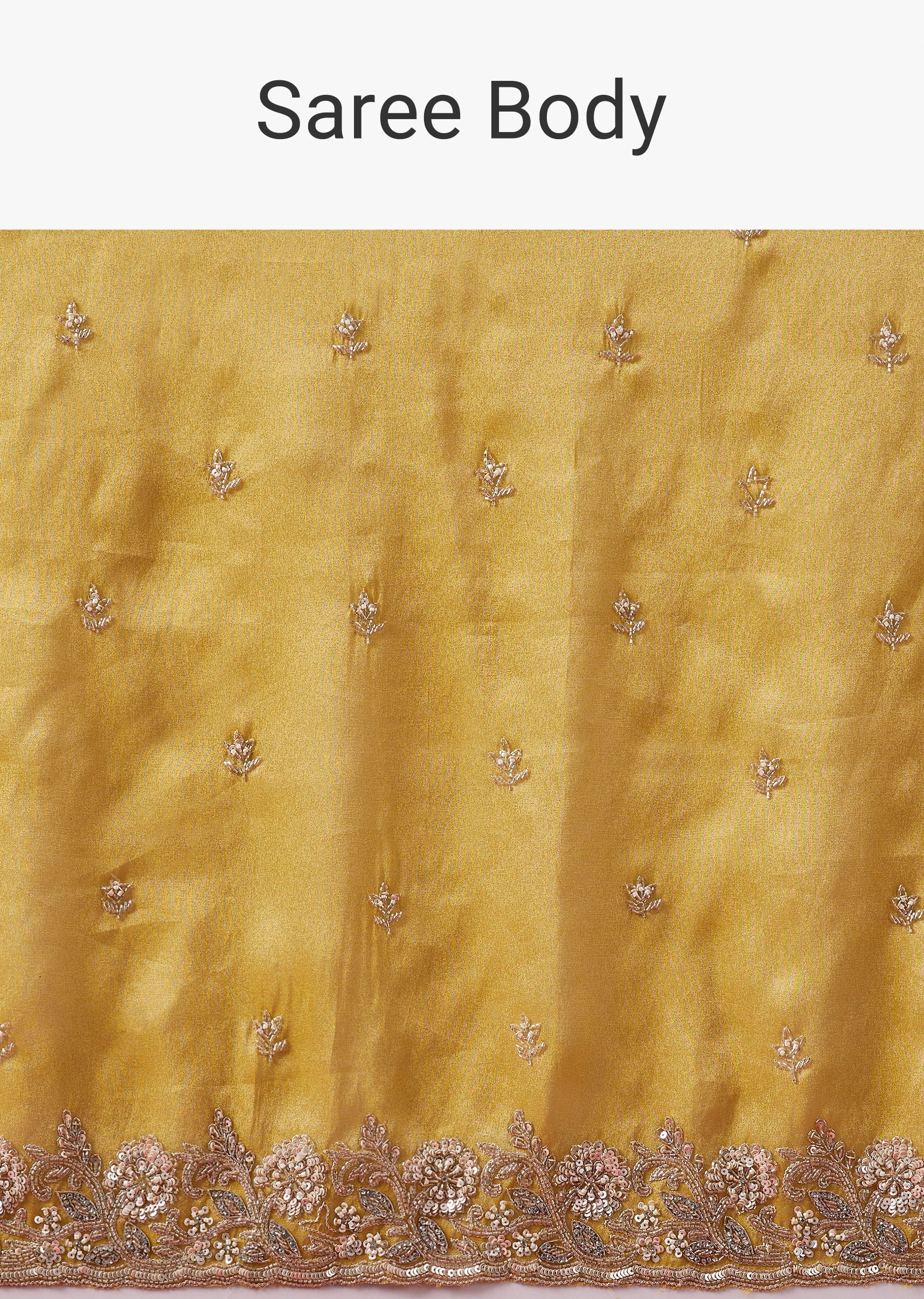 Mustard Yellow Embroidered Tissue Silk Saree With Cutwork Border - Image 9