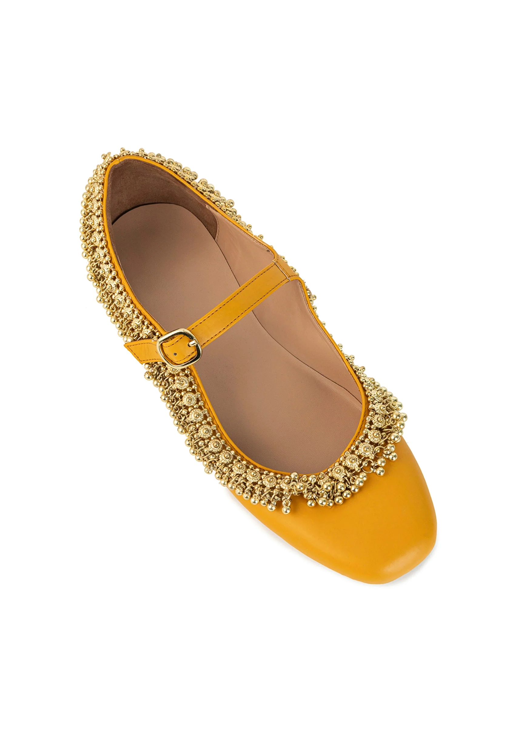 Mustard Yellow Faux Leather Bead Embellished Juttis - Image 5