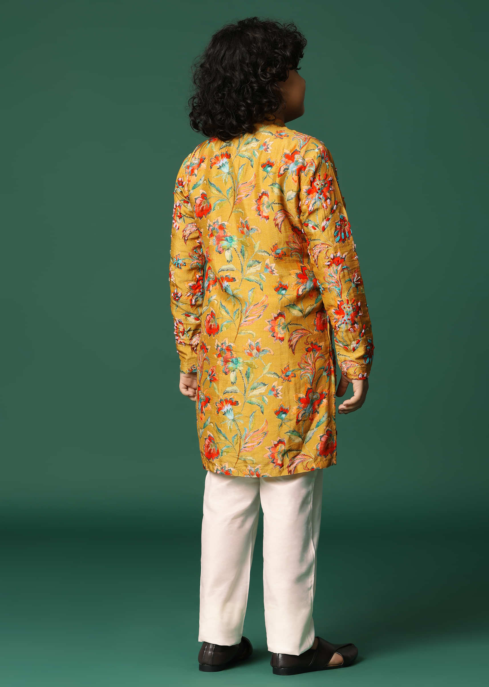 Mustard Yellow Floral Kurta Pant With Resham Work For Boys - Image 6