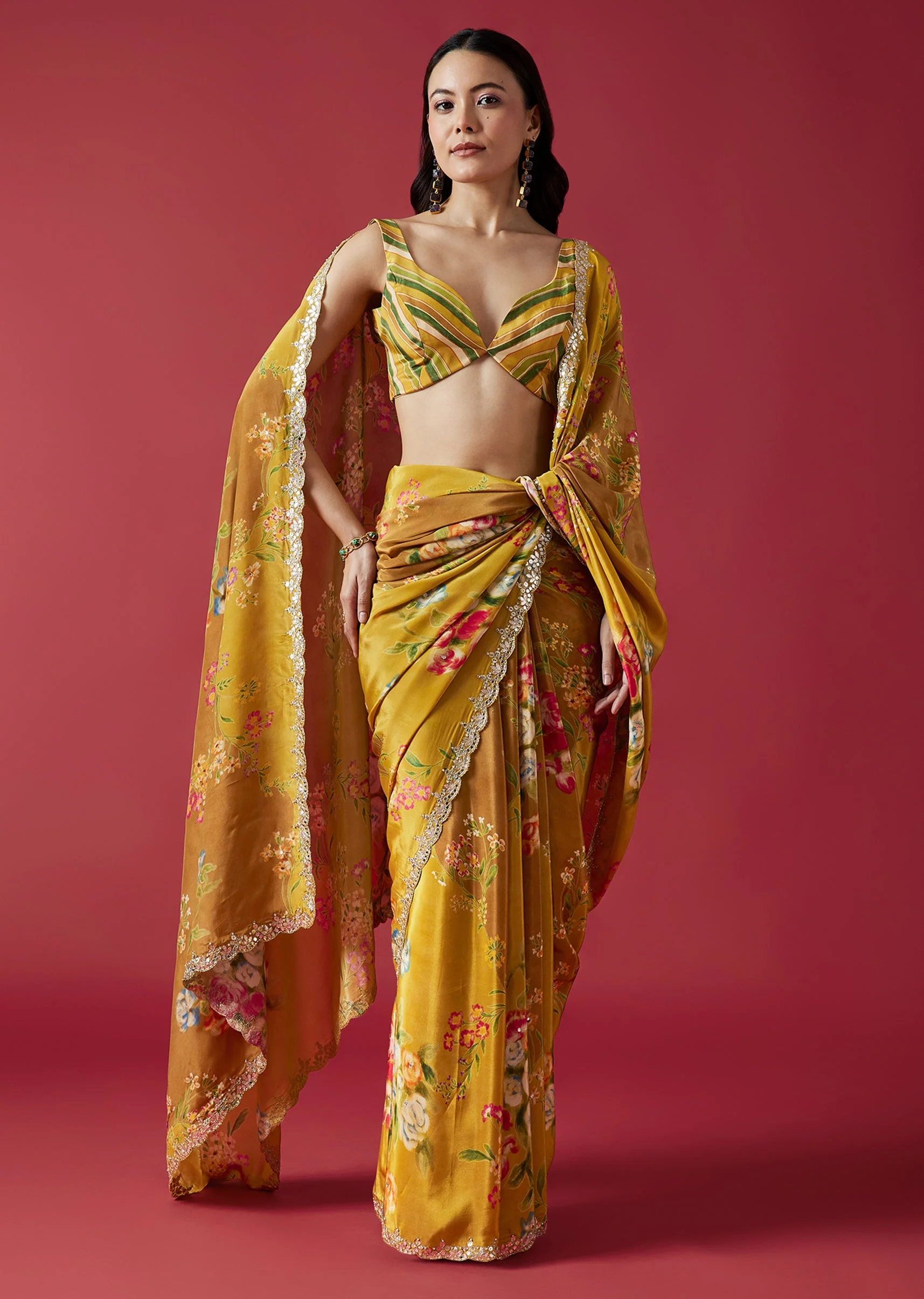 Mustard Yellow Floral Printed Saree With Mirror And Gotta Border