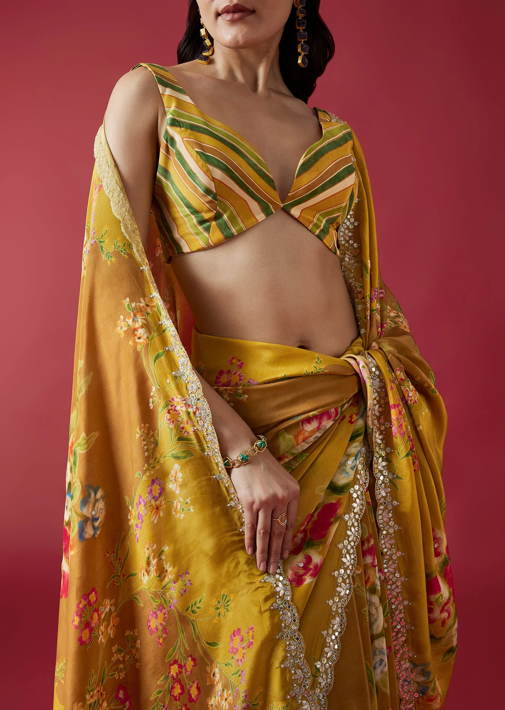 Mustard Yellow Floral Printed Saree With Mirror And Gotta Border - Image 2