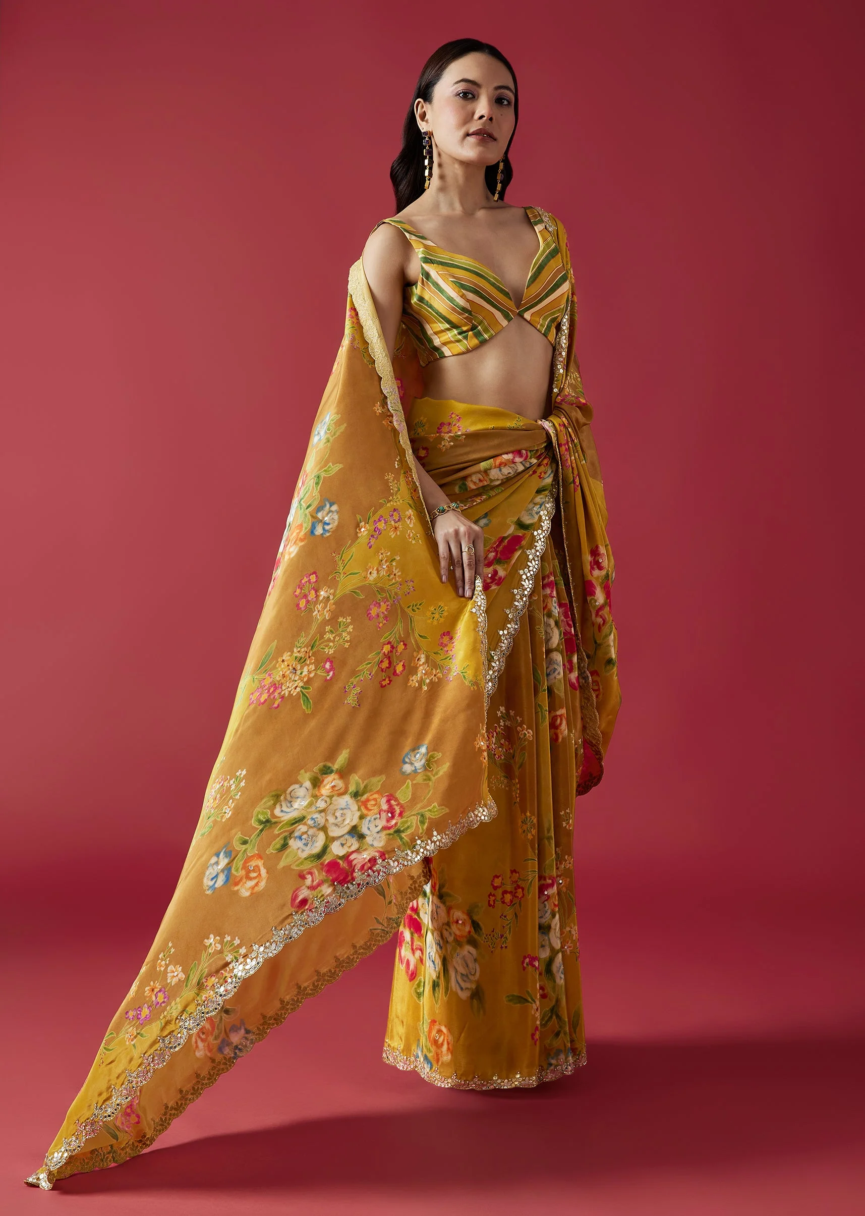 Mustard Yellow Floral Printed Saree With Mirror And Gotta Border - Image 3