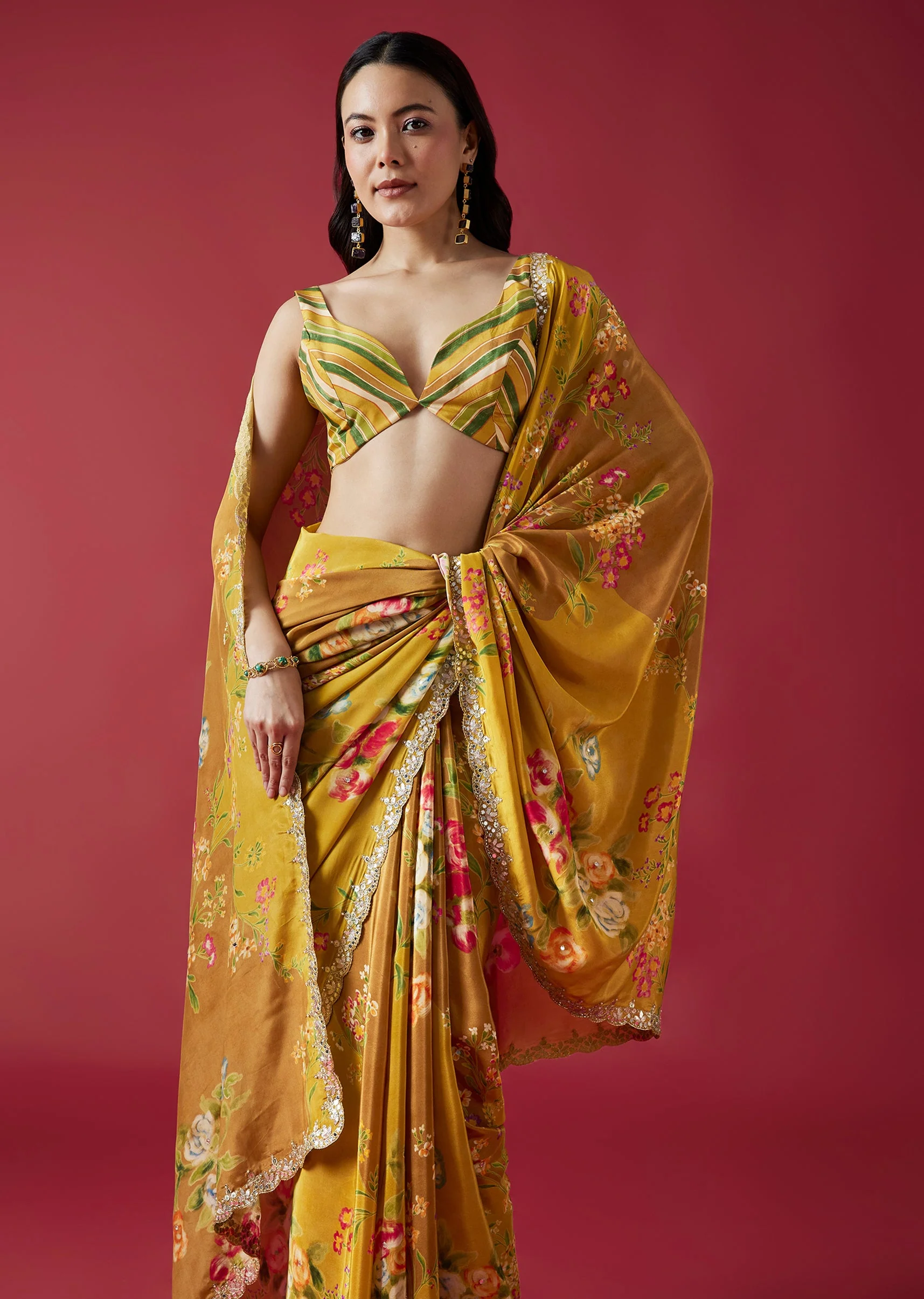 Mustard Yellow Floral Printed Saree With Mirror And Gotta Border - Image 5