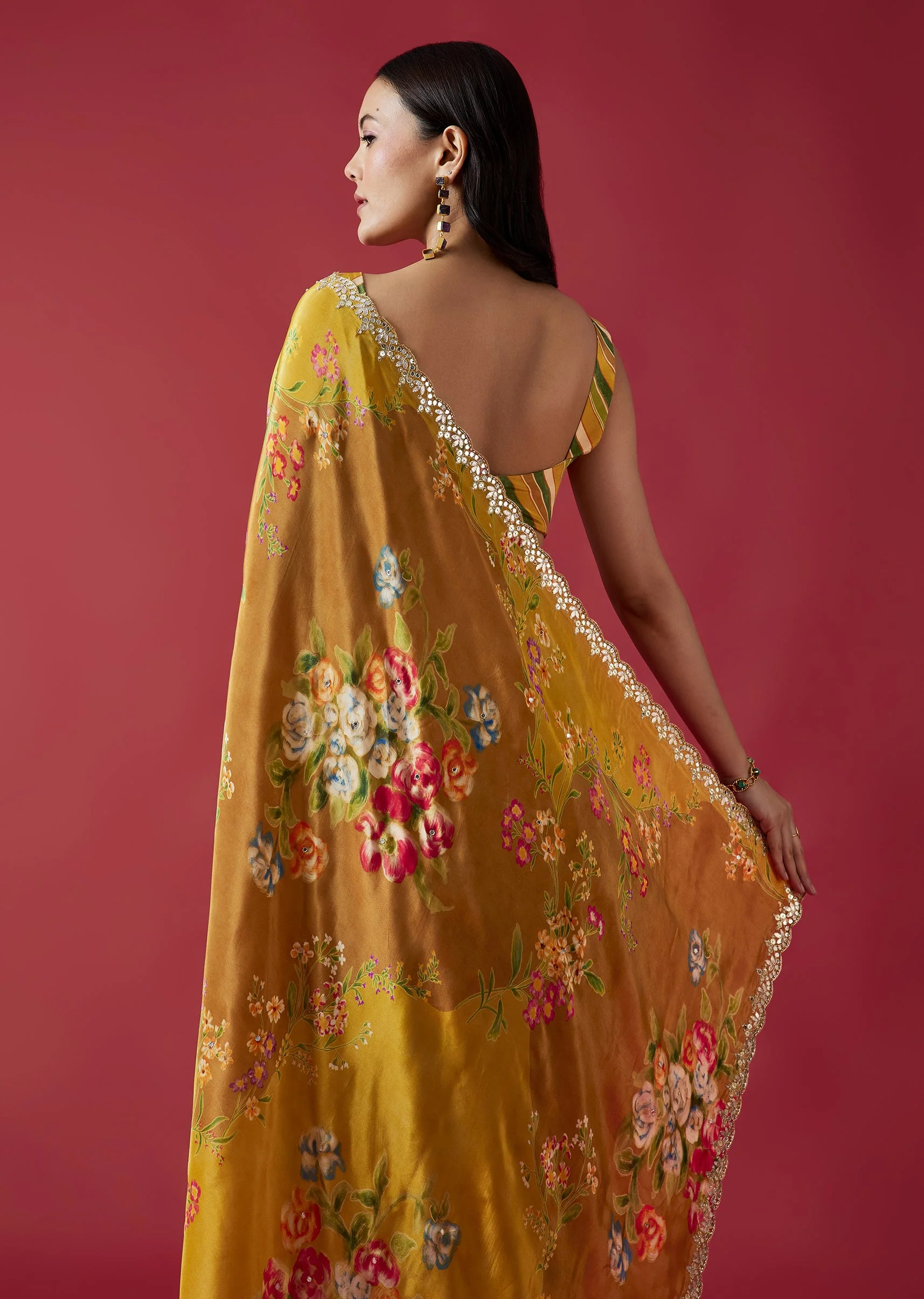Mustard Yellow Floral Printed Saree With Mirror And Gotta Border - Image 6