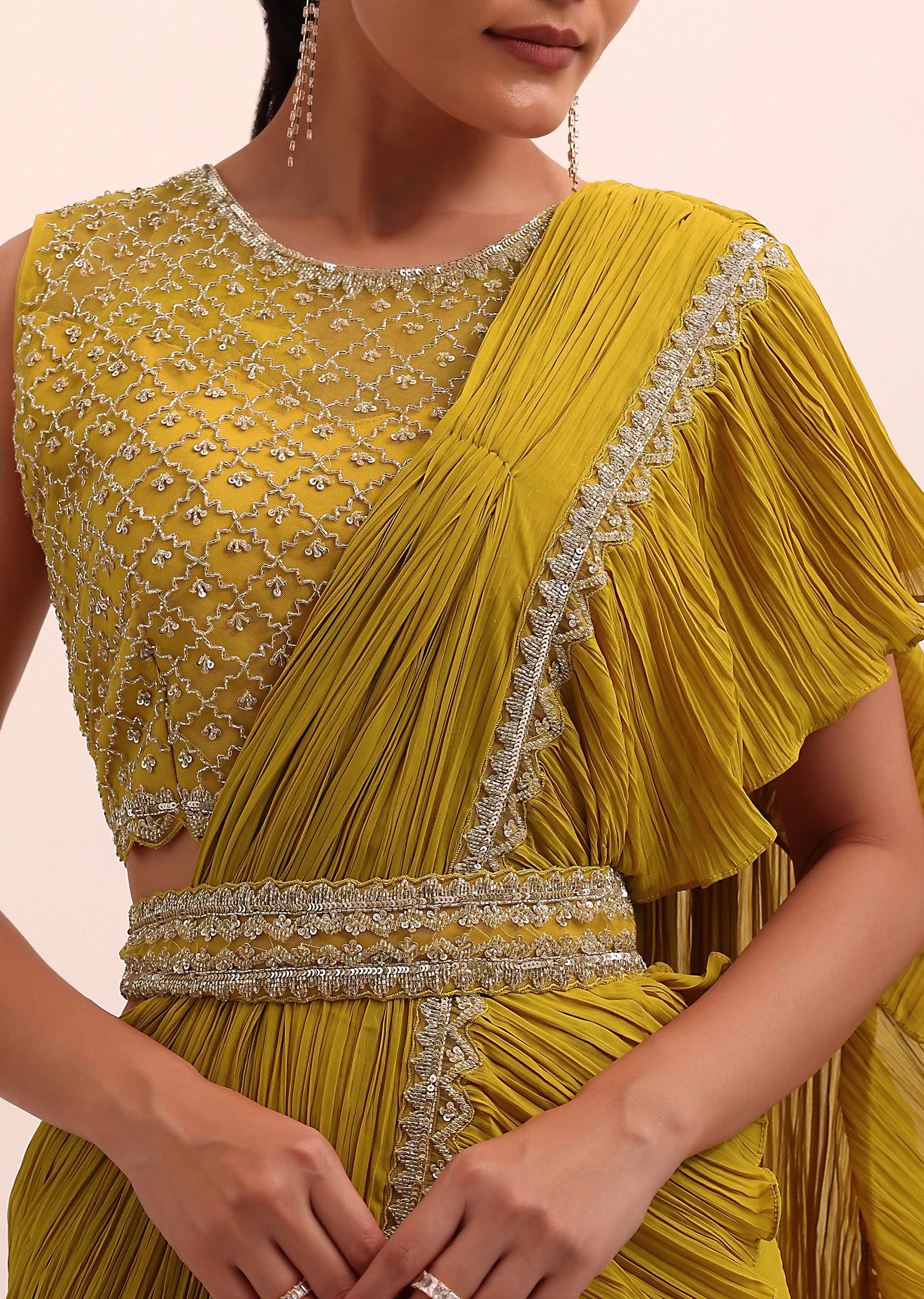 Mustard Yellow Georgette Frill Saree With Embellished Blouse - Image 2