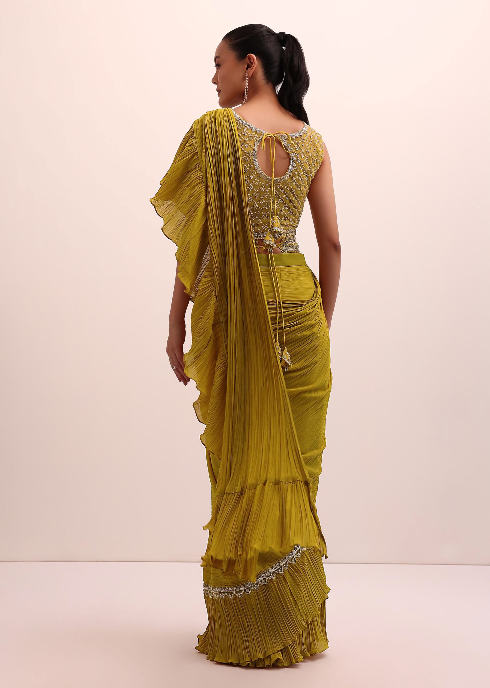 Mustard Yellow Georgette Frill Saree With Embellished Blouse - Image 6